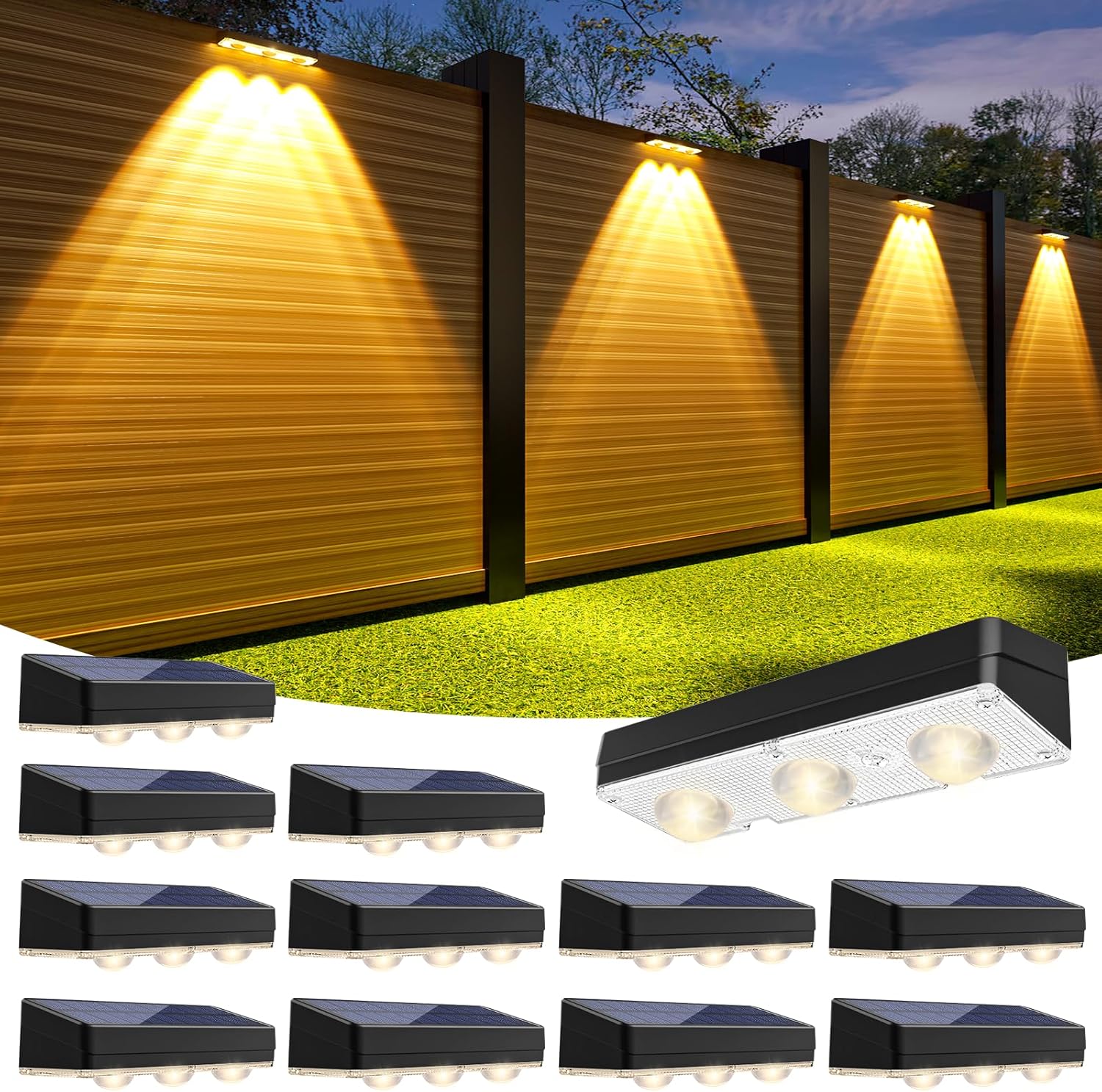 JOFIOS Solar Fence Lights Outdoor,1300mAh, 12pack,Warm/Natural/Cool White,IP65 Waterproof,Fence Lights Solar Powered,Solar Lighting for Deck, Backyard, Railing(White)