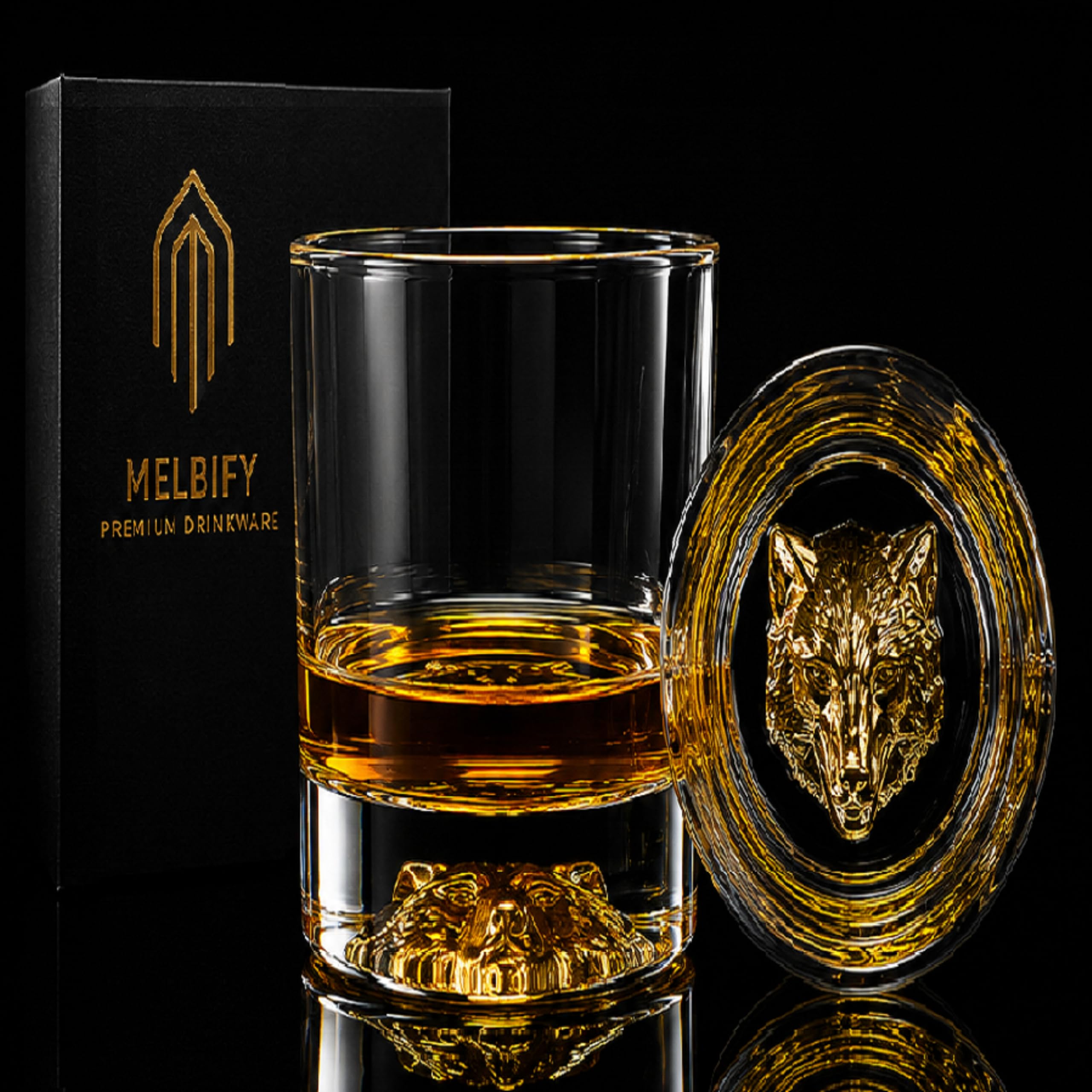 Melbify Wolf Whiskey Glass | 300 ml | Set of 4 | Animal Whiskey Glasses | Golden Whisky Glass | Premium | Unique | Big | Broad | Round with Thick Bottom