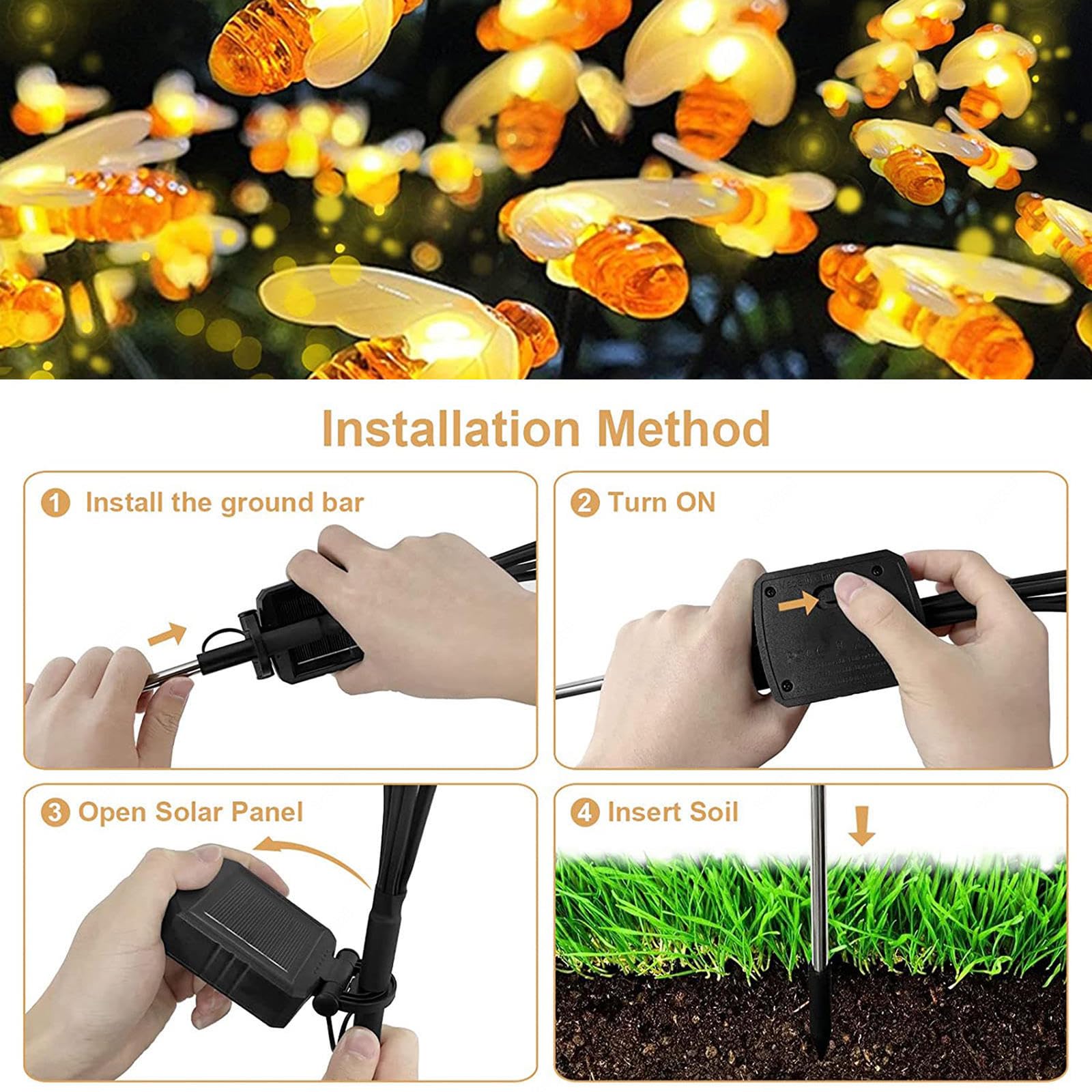 Abeja Lucié Rnaga Luz Solar Exterior Jardin, 4 Piezas LuciéRnaga Con 6/8/10bolas Luces Solares, IluminacióN AutomáTica Guirnaldas Solares Led Exterior Jardin