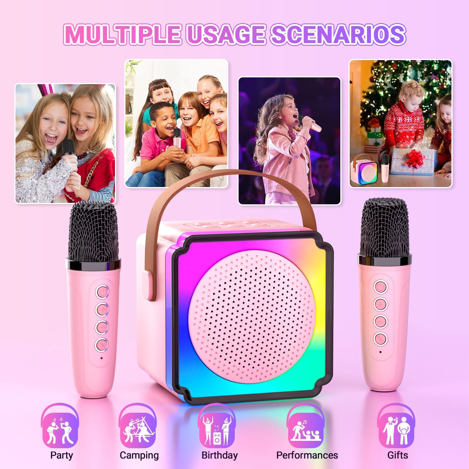 Anykuu Karaoke per Bambini con Microfono, Macchina per Karaoke Senza Fili Portatile con 2 Microfoni Wireless e Luce LED