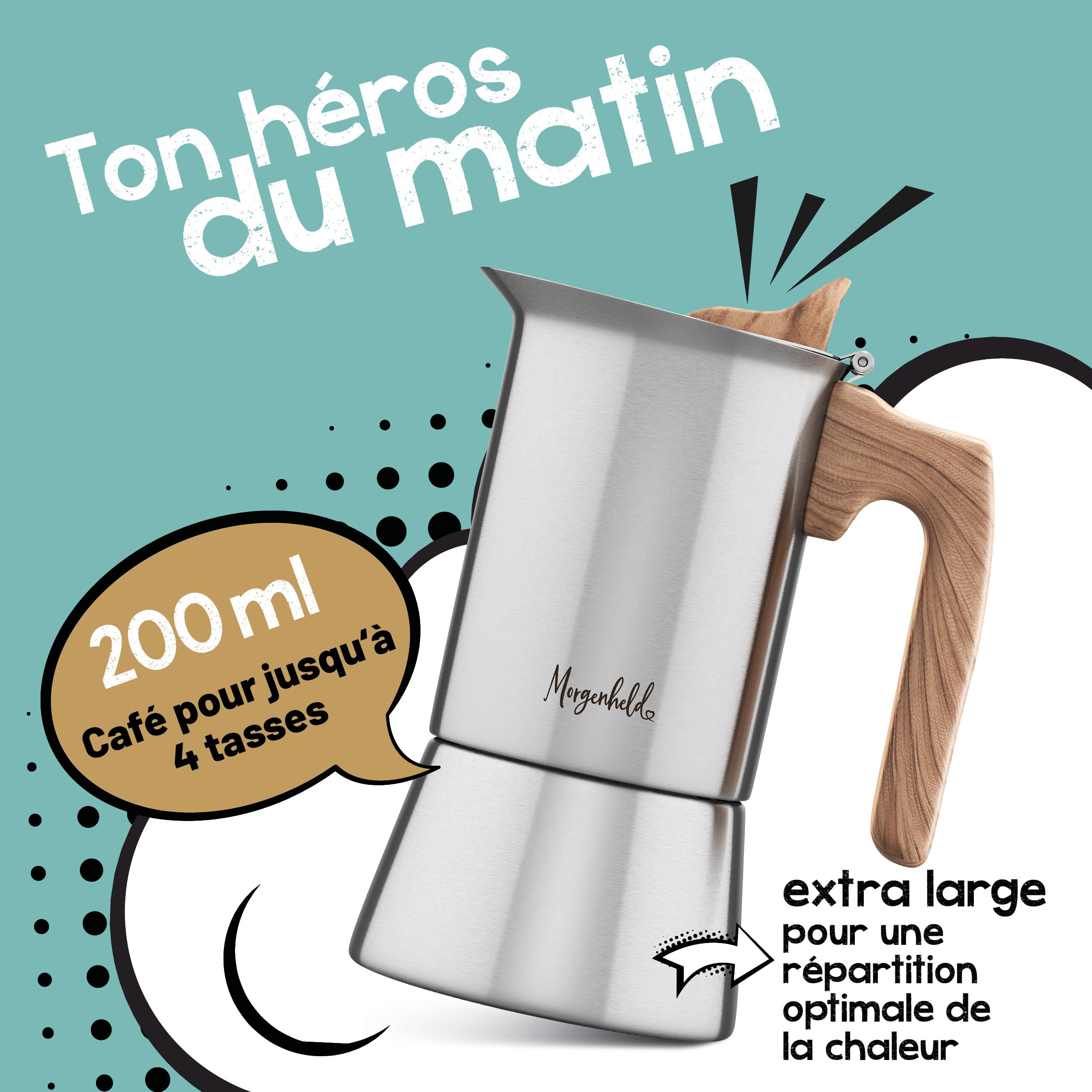 Cafetière Italienne (Moka) Morgenheld 4 Tasses - En Acier Inox 18/10, Pour Toutes Plaques (induction, Gaz, électrique), 200 Ml