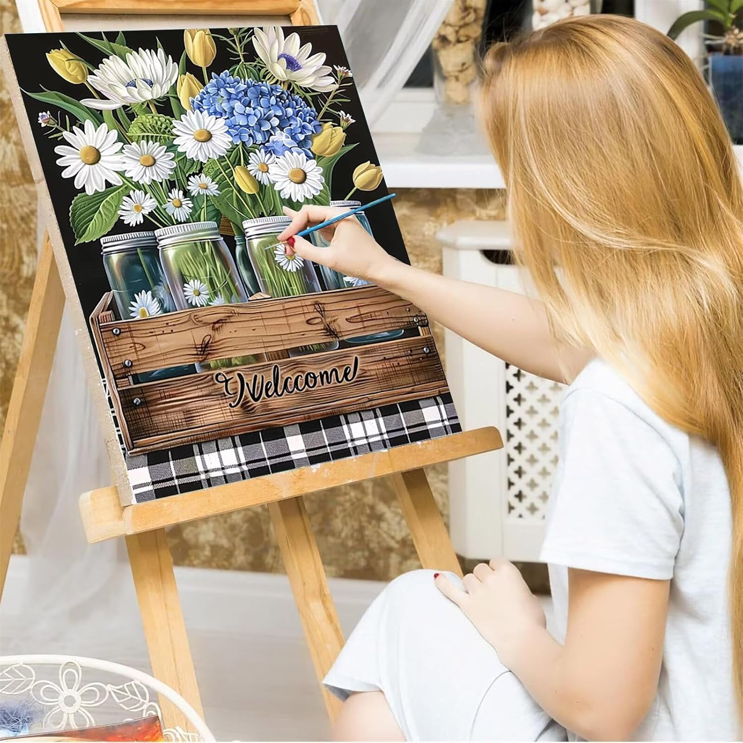 Paint by Number for Adults Decoration DIY Acrylic Paint by Numbers Kits Paint By Numbers Kit for Adults Beginner on Canvas Daisy Drawing Colorful Paintworks Artwork for Beginner, 16x20In (Framed)