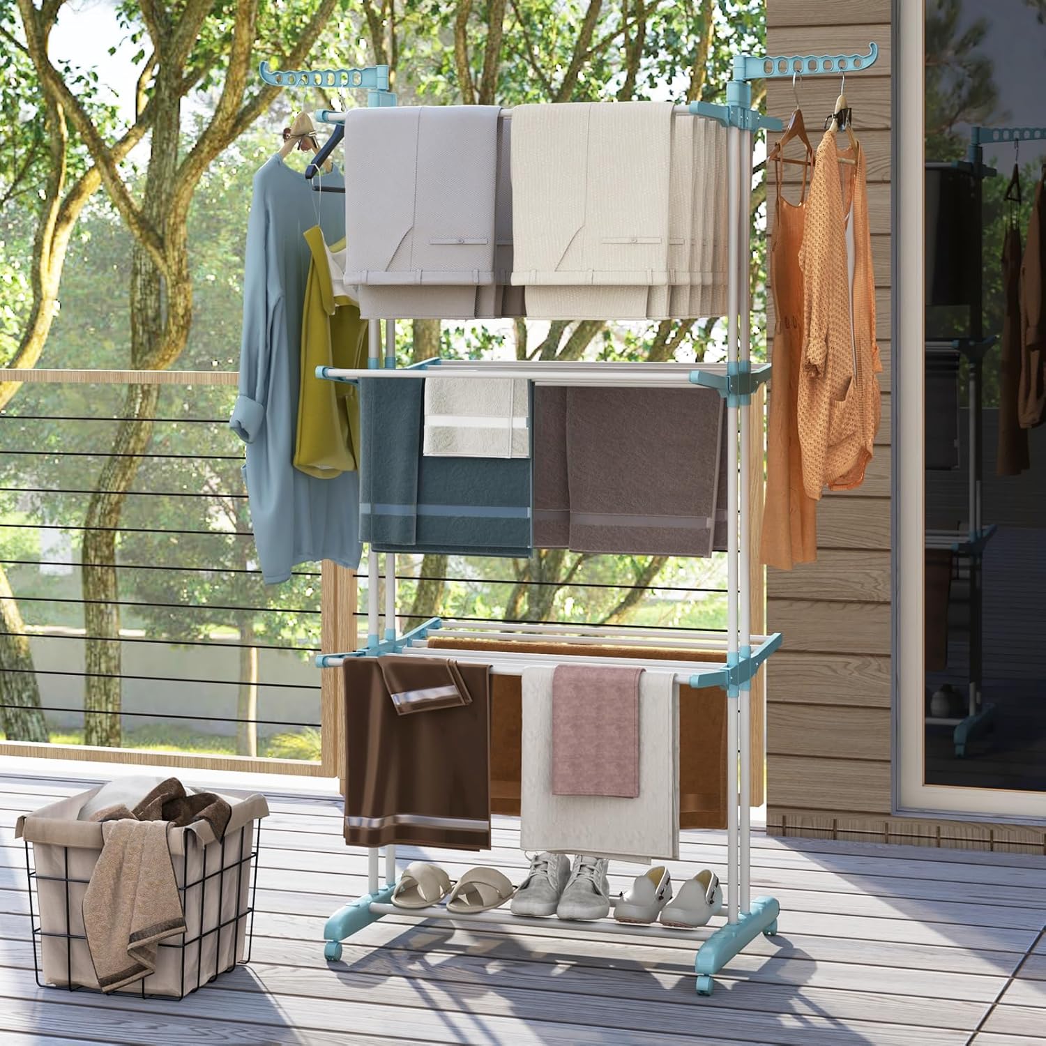 GOFLAME 4-Tier Clothes Drying Rack, Collapsible Clothes Horse Rack with Rotatable Side Wings and Foldable Shelves, Freestanding Garment Dryer Stand with Casters for Indoor and Outdoor Use, Blue