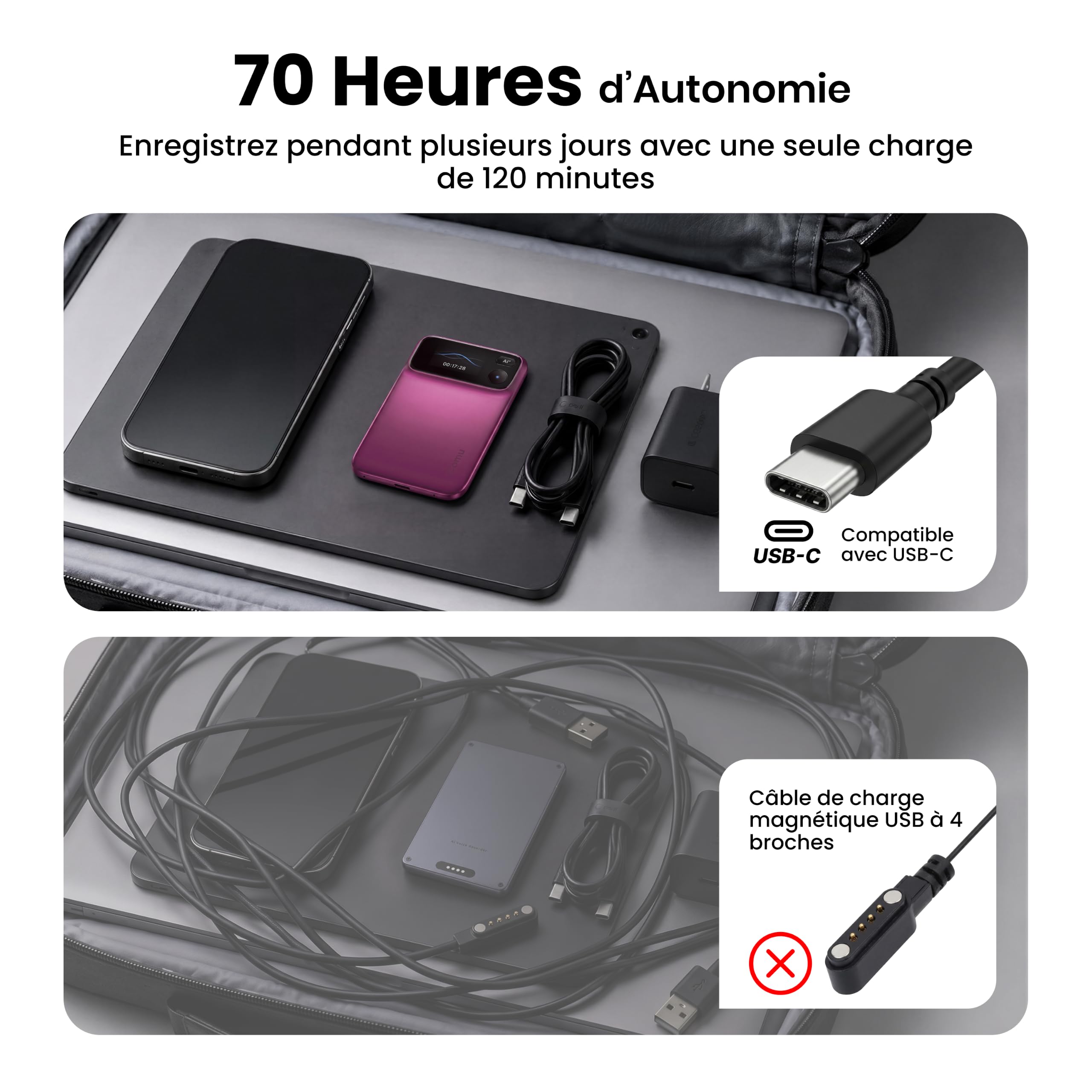 Comu Action Pro Enregistreur Vocal IA Dictaphone avec Agent IA Intelligent