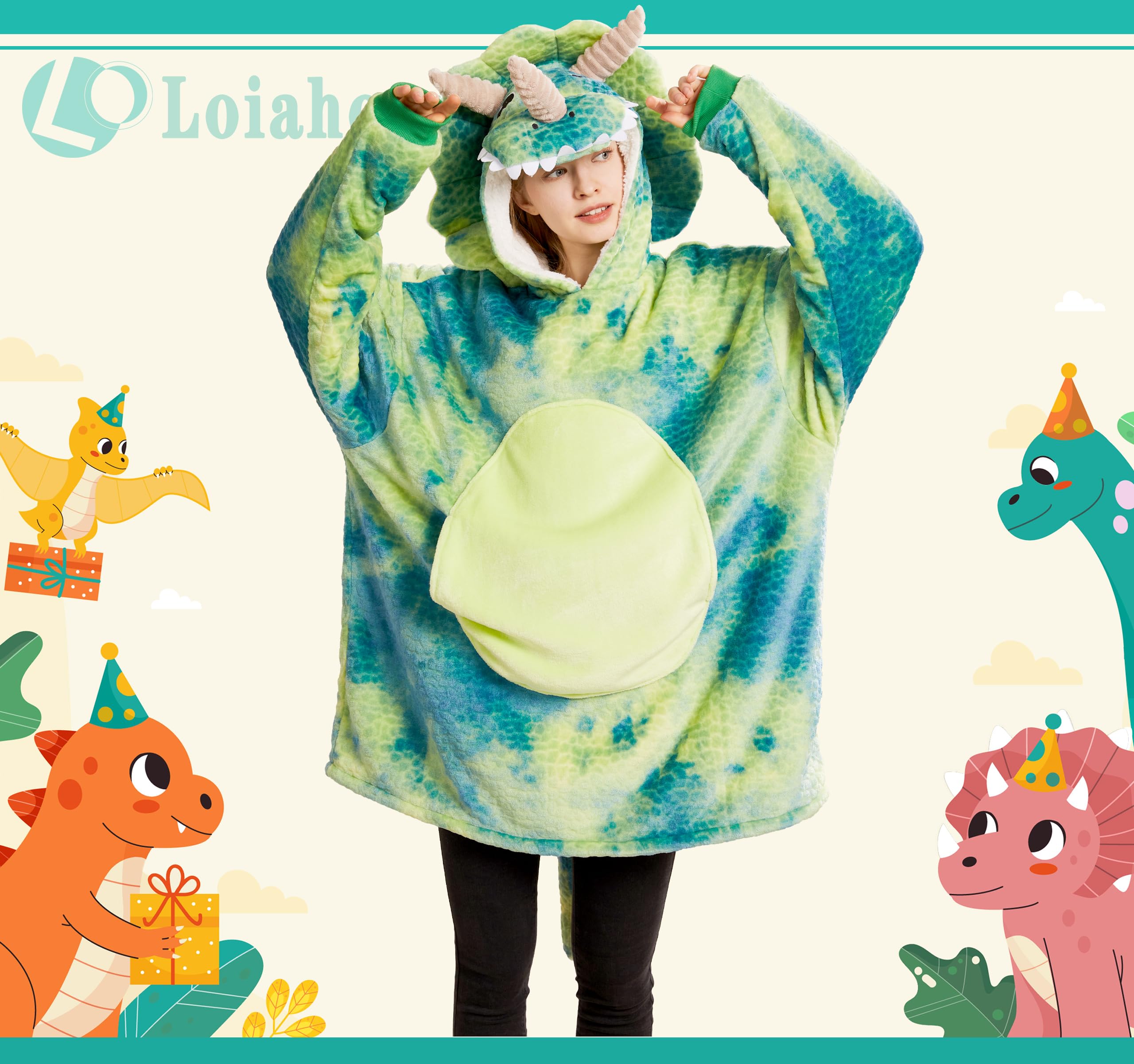 Loiahoer Unisex Triceratops Kostüm Hoodie,Mikrofaser & Sherpa Tie-dye Dino Tragbare Decke Karneval Halloween Kostüm, Einheitsgröße für Alle
