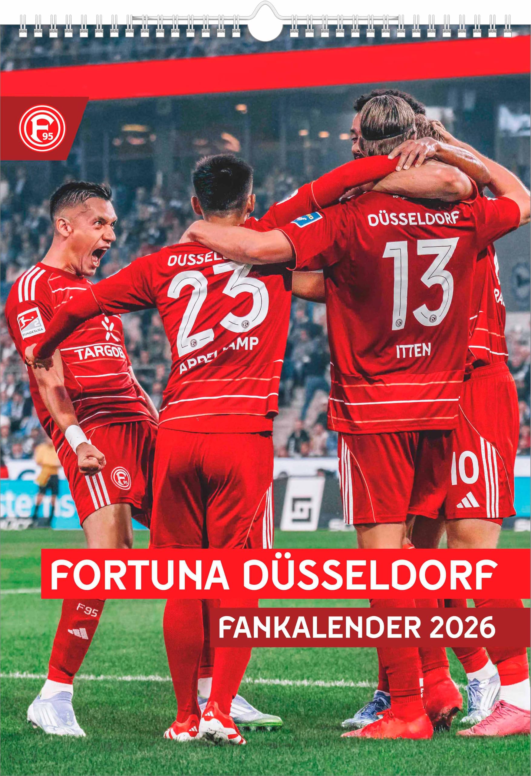 N Neumann - Fortuna Düsseldorf 2026 – Wandkalender A3 (30x42 cm) mit 12 Monatsblättern, deutschem Kalendarium & Spiralbindung, Fußball-Fankalender mit Spielerfotografien in Rot-Weiß: Fankalender 2026