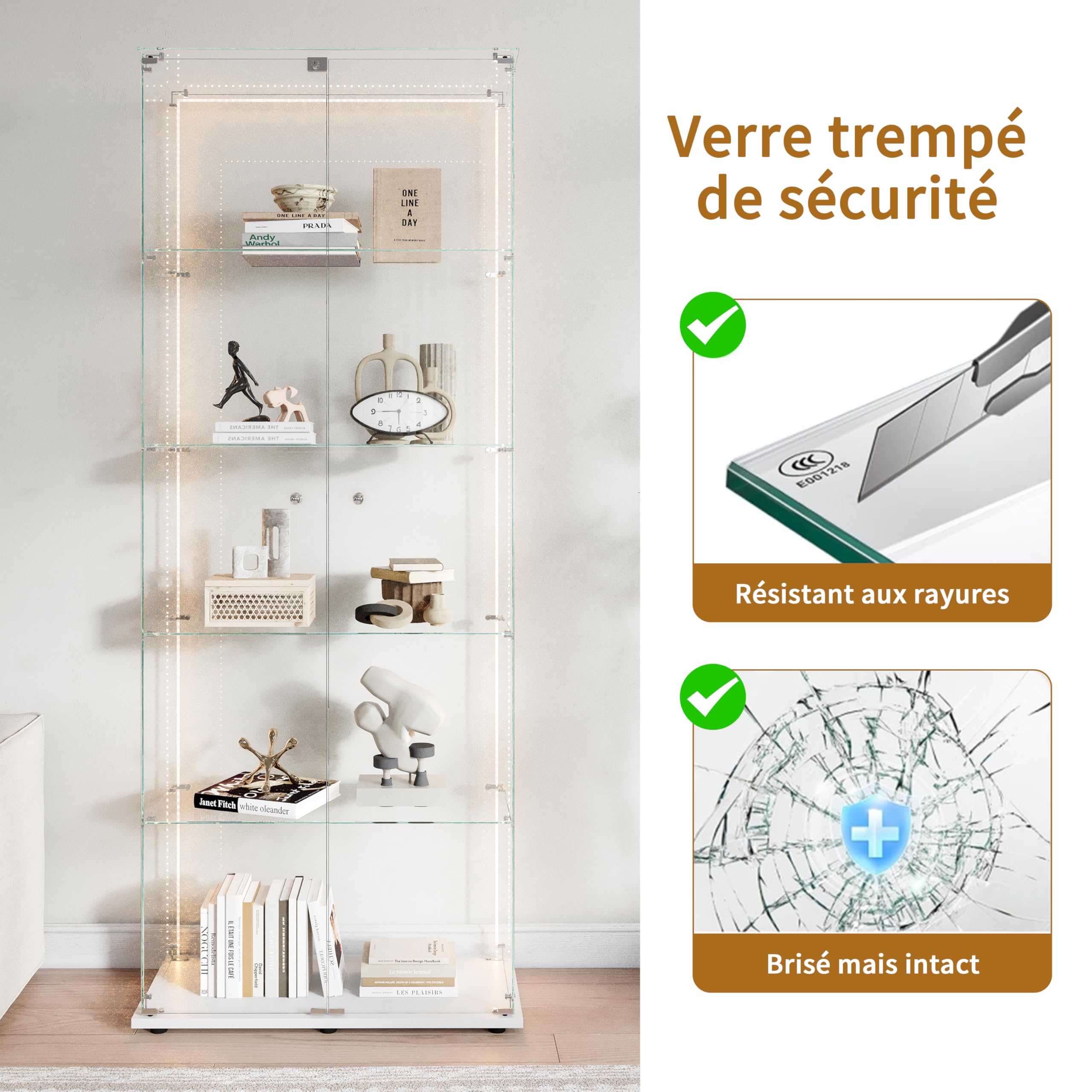 Vitrina de Cristal Expositor con LED y Cerradura, Vitrinas de pie de Cristal con 5 Estantes Ajustables y 2 Puertas, Armario Vitrina Moderne para Colección Armario de Pie de Cristal(Blanco,81x37x183)