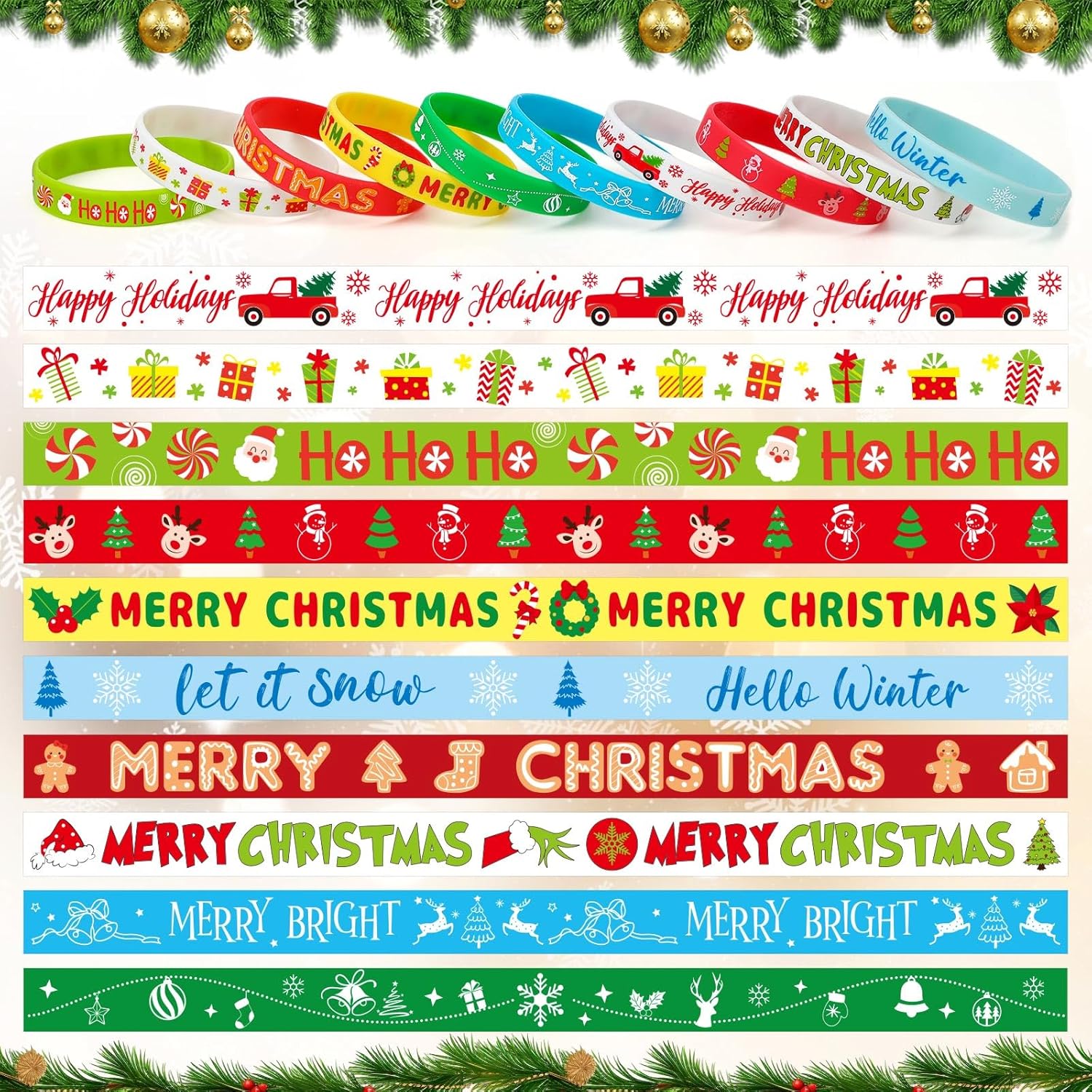 JUNEBRUSHS 120pcs Christmas Party Favors Silicone Bracelets Bulk Elk Xmas Tree Snowflake Pattern Rubber Wristbands for Christmas Winter Holiday Party Stuffers Fillers Decorations Supplies(10 Designs)
