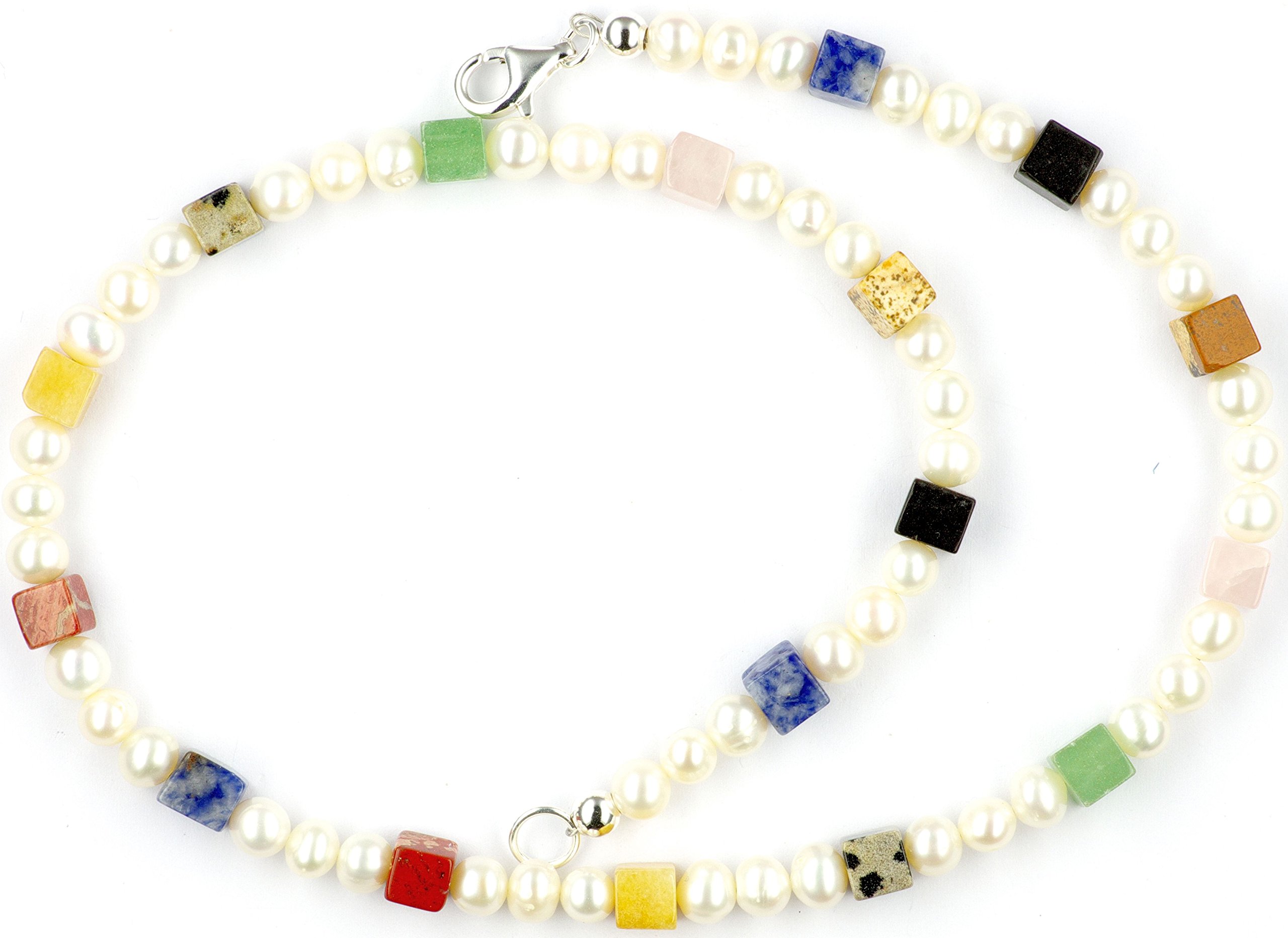 Perlenschmuck (Halskette) Perlenkette Süßwasserperlen mit bunten Edelstein Würfeln Verschluss 925er Sterling-Silber Modellnummer 2155