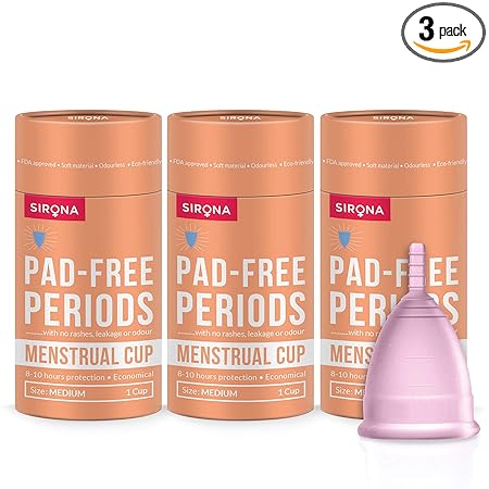 Sirona Reusable Menstrual Cup for Women - Medium Size with Pouch (Pack of 3), Ultra Soft, Odour and Rash Free, No Leakage, Protection for Up to 8-10 Hours, FDA Approved