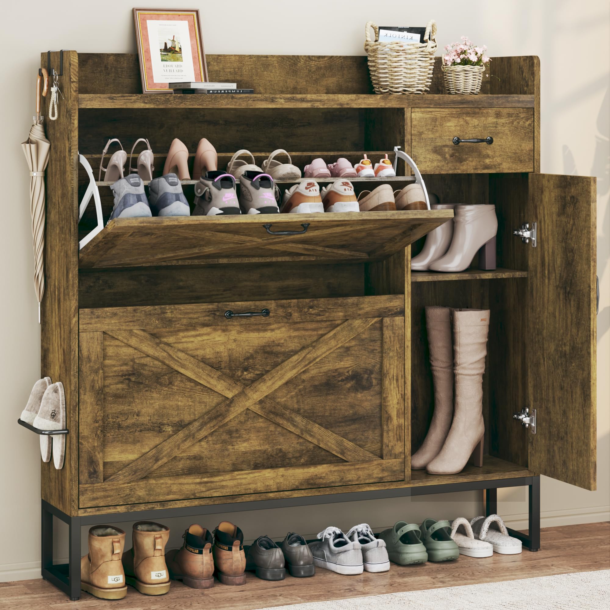 Shoe Cabinet with 2 Flip Drawers & Side Cabinet - Adjustable Shelves, Shoe Storage with Mounted Rack - Entryway, Hallway Organizer, Brown