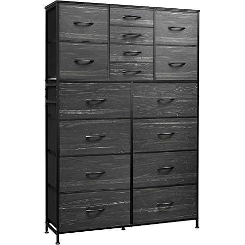 WLIVE 16 Drawers Dresser, Tall Dresser for Bedroom, Closet, Hallway, Storage Dresser Organizer unit, Large Dressers & Chests of Drawers with Fabric Bins, Charcoal Black Wood Grain Print