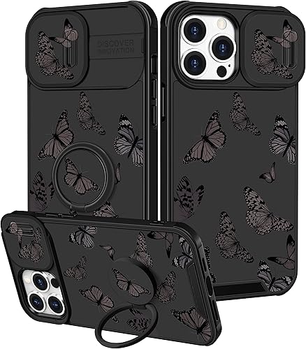 Miniatura 1 de Goocrux Funda 2 en 1 para iPhone 13 Pro Max para mujeres, diseño femenino de mariposas y niñas, diseño único de mariposas negras con cubierta