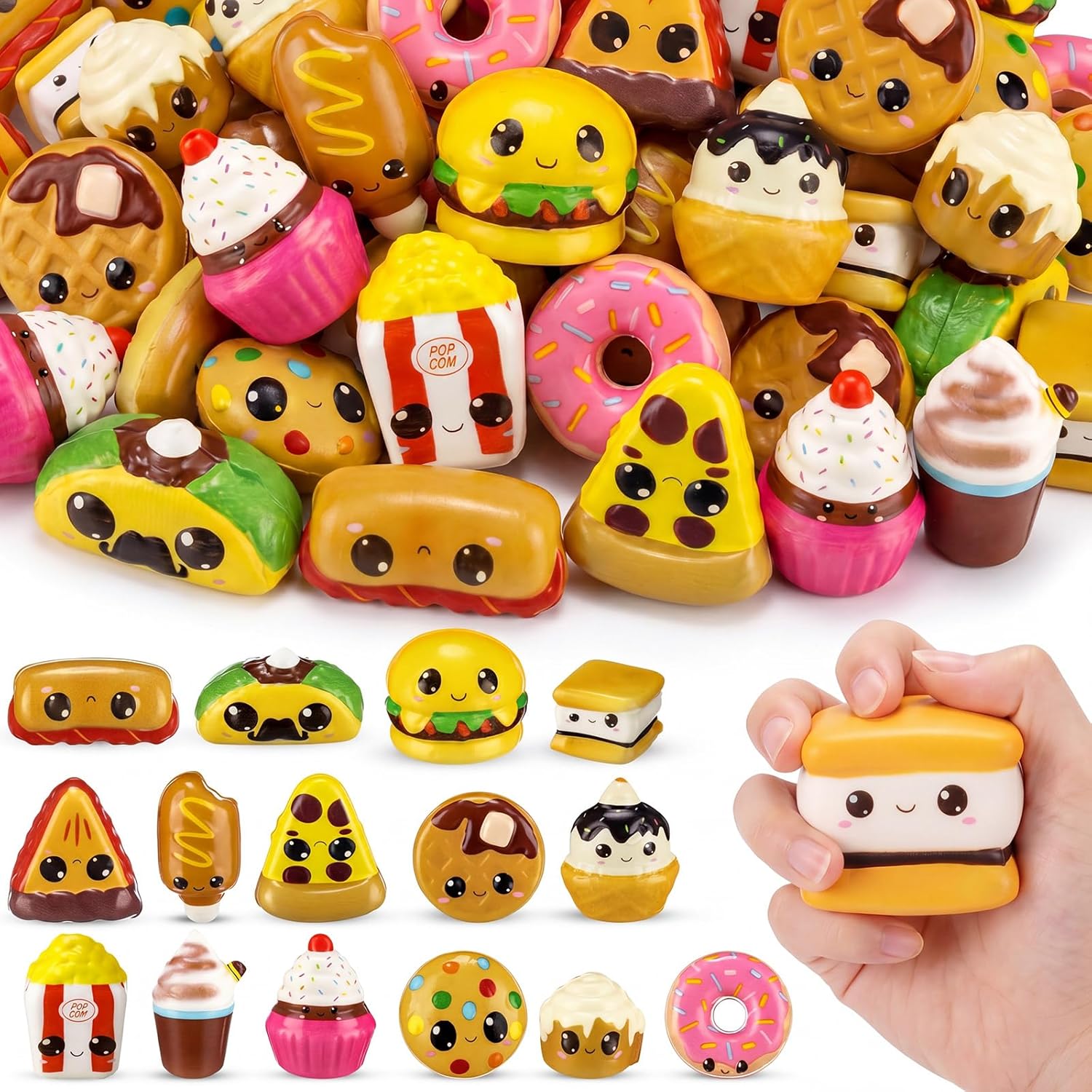 Arrowbash 36 Pcs Mini Slow Rising Toys Fast Food Foam Stress Relief Toys in Hot Dog Cake Bread Smore Pizza Biscuit Donut Food Goodie Bag Fillers for Adults Party Favors