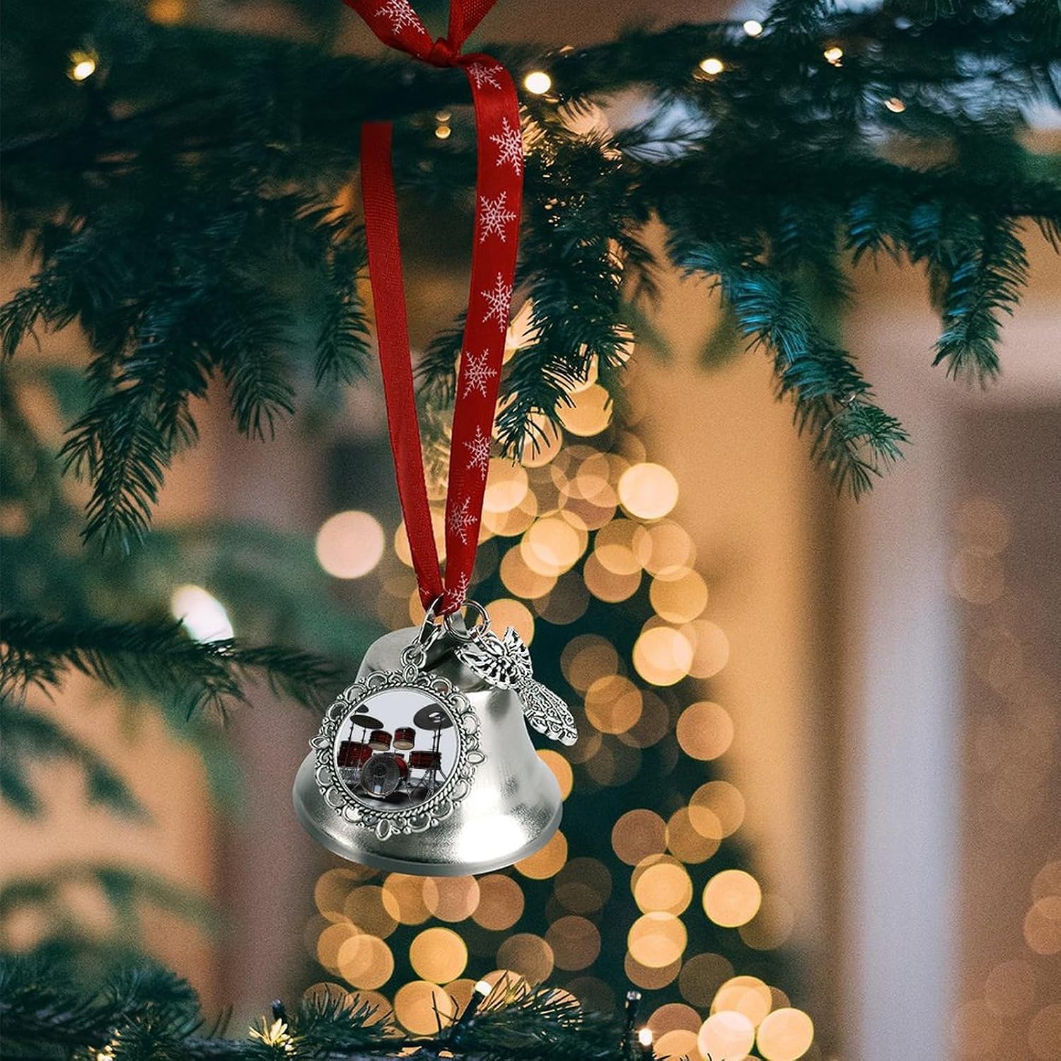 Cool Drum Set Bell Ornament Red Ribbon for Christmas Tree Holiday Decoration Personality Believe Bell Ornaments Sleigh Bells for Winter New Year Party Supplies
