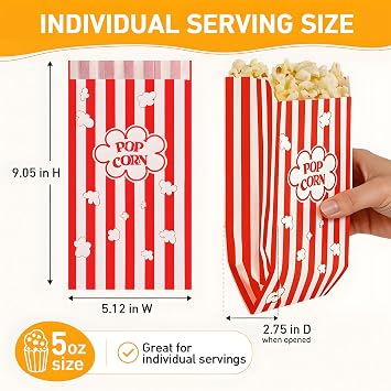 RAYMEA 5 oz Paper Popcorn Bags for Movie Nights and Parties, 50 Pack