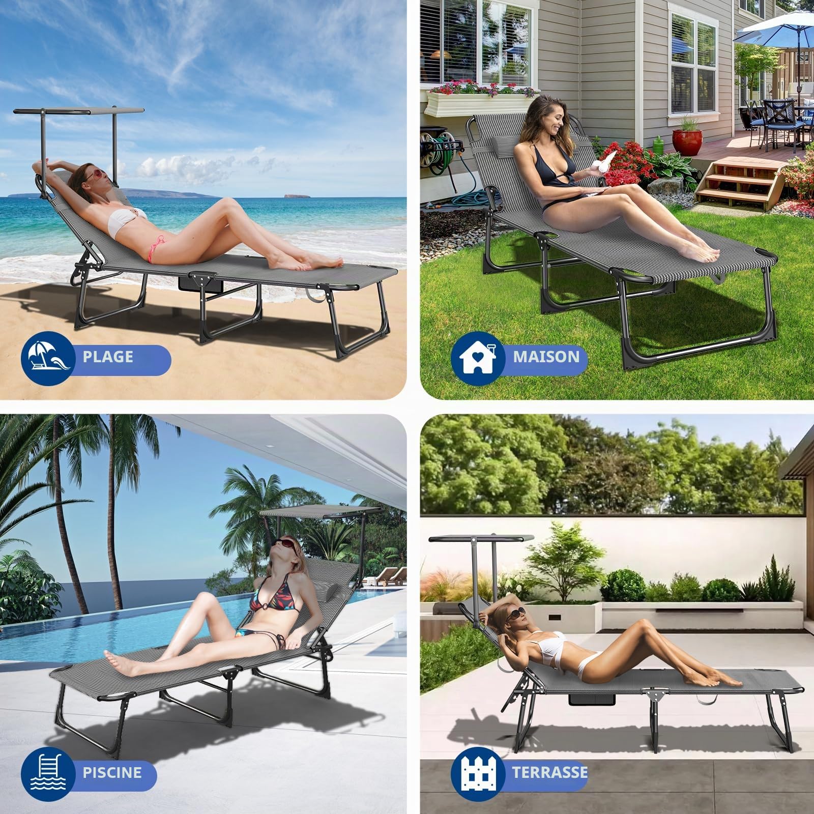 Lot de 2 Chaise Longue avec Pare-Soleil 360° Réglable, Bain de Soleil Pliable, Transat Extra Large 68 cm-Tissu Oxford 600D, Dossier Inclinable et Appuie-Tête, Poche Latérale, pour Jardin-Plage, Noir