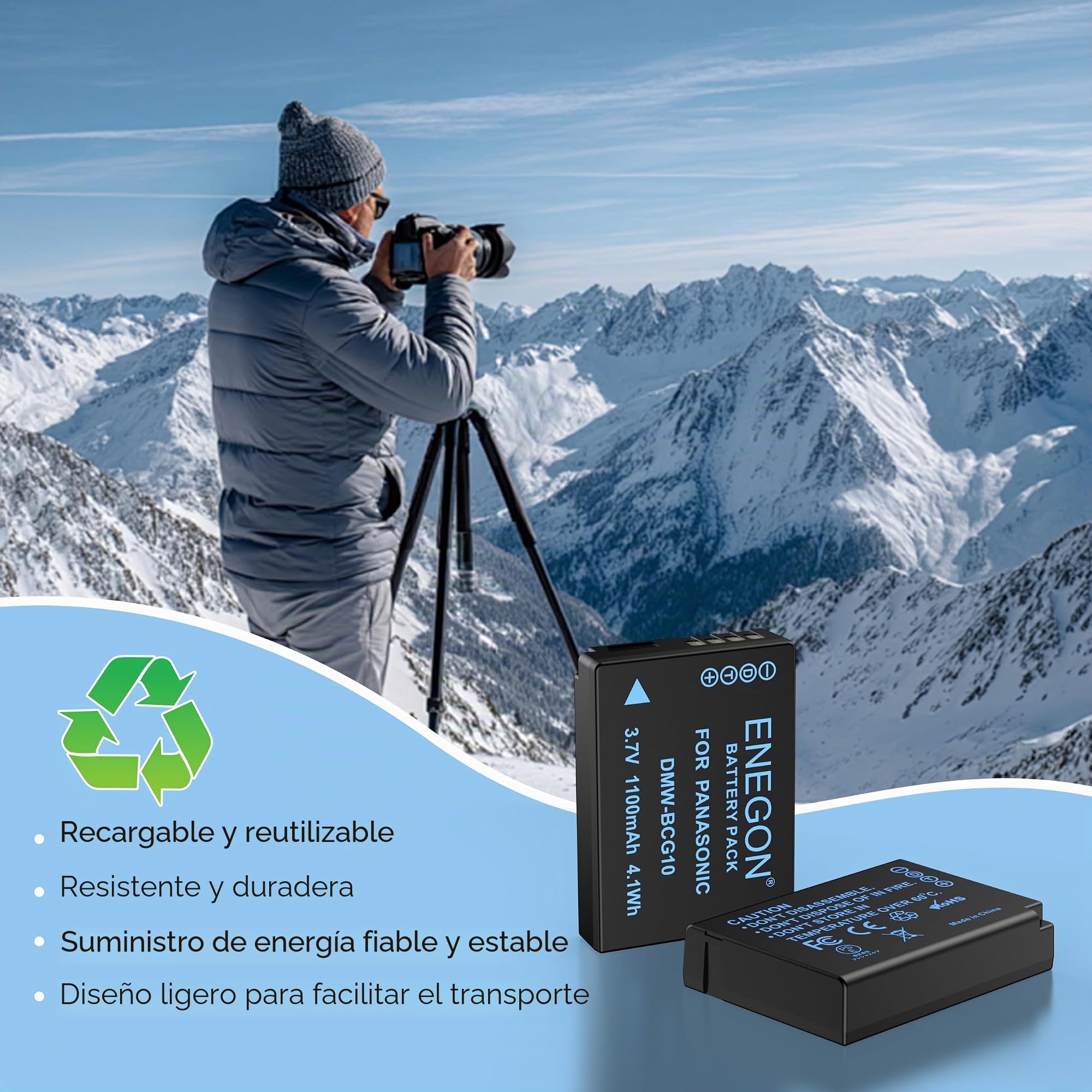 ENEGON DMW-BCG10 - Lote de 2 Baterías de 1100mAh con Cargador y Cable USB-C para Panasonic Lumix DMC-ZS1, ZS3, ZS5, ZS6, ZS7, ZS8, ZS10, TZ7, TZ10, TZ19, TZ20, TZ30, ZR1, ZR3