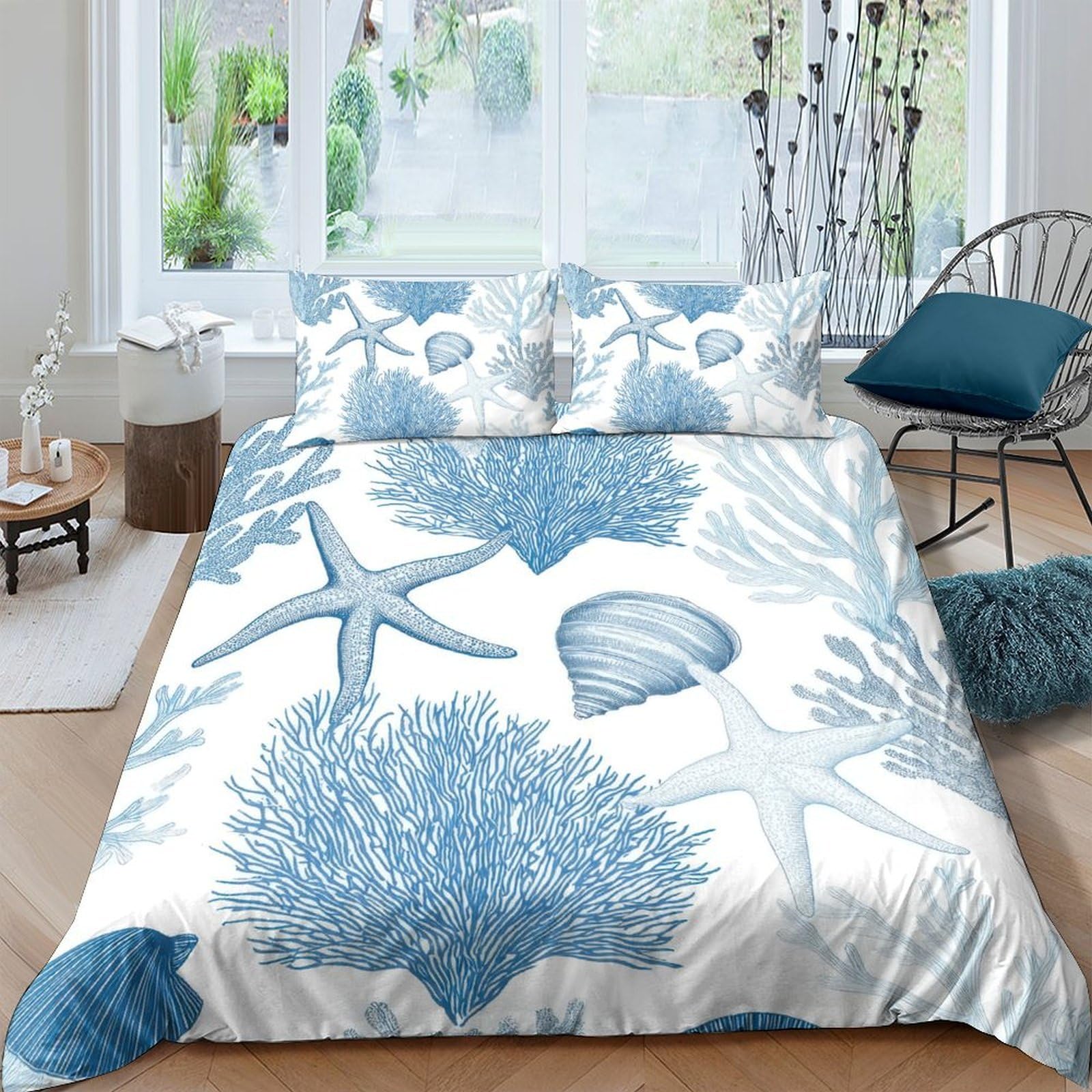 Ctjqhvkz Style-2 3D Printed Ocean Starfish Fitted Sheet Microfiber Soft Blue Coral Mattress Cover For Bedroom Guest Room Decor Single（135X200cm）