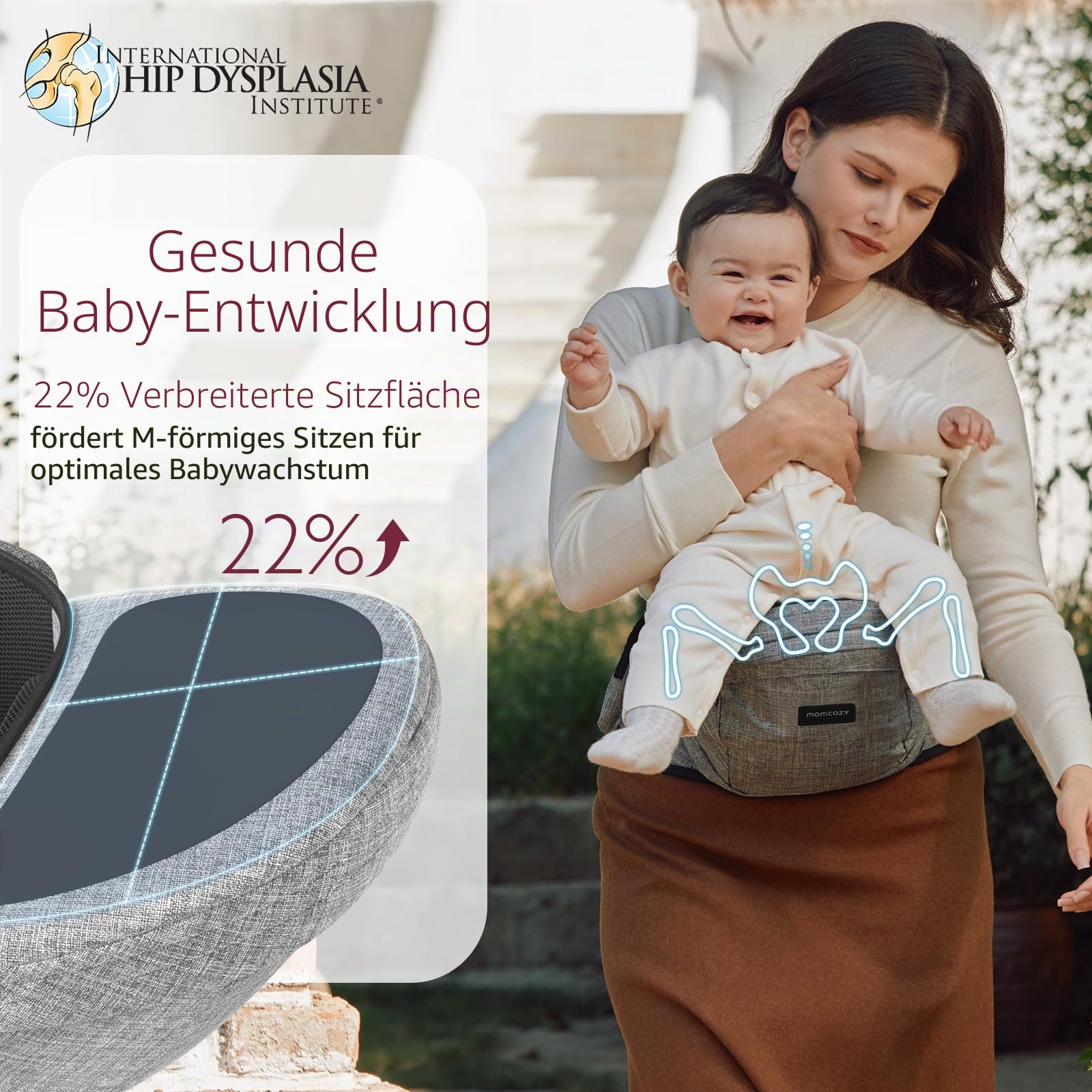 Momcozy Hüftsitz Babytrage - Verstellbarer Bund mit Original 3D Bauchschutz & EVA Massagebrett, Ergonomische Tragetasche mit verschiedenen Taschen für Neugeborene & Kleinkinder bis 20.4 kg (Grau,