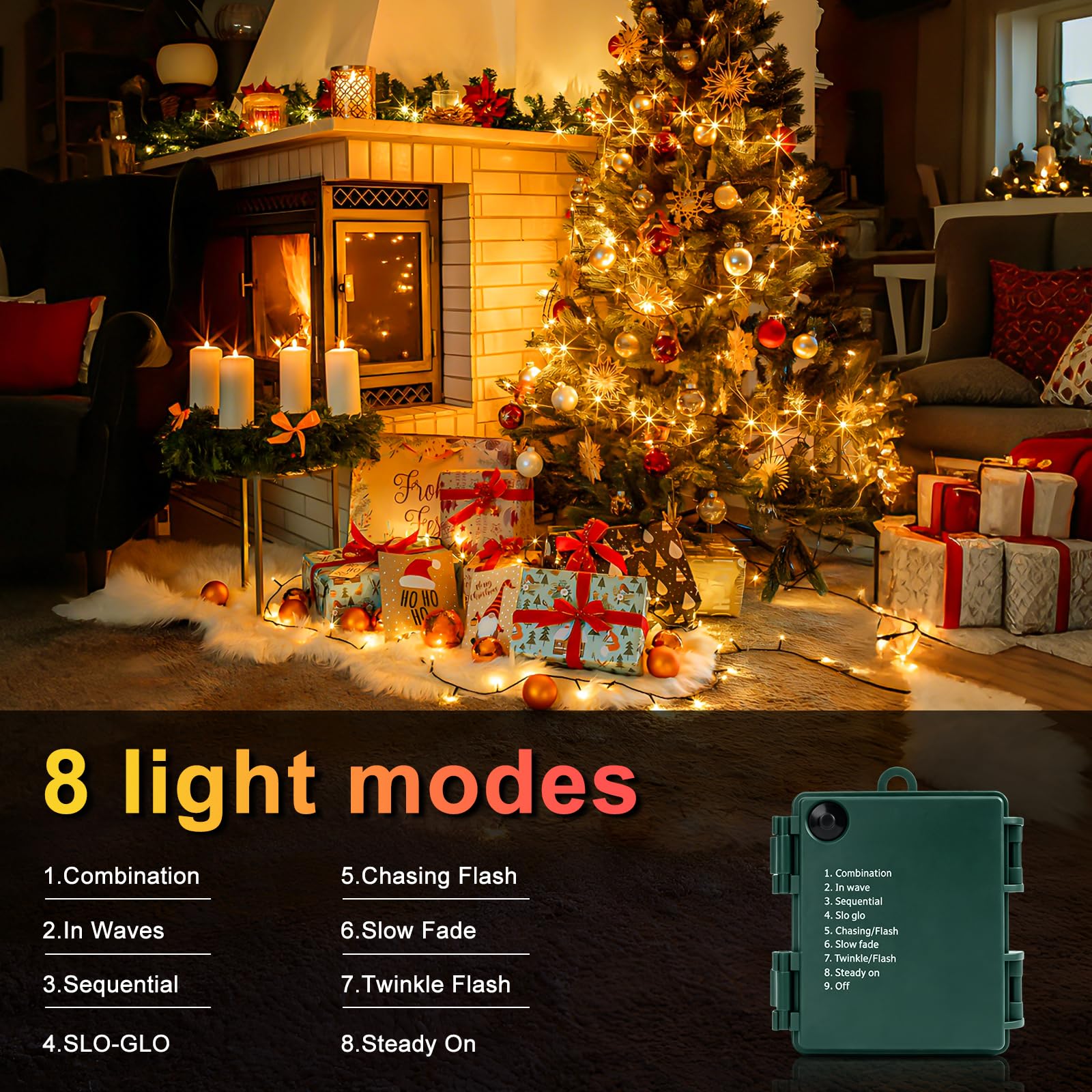 Lichterkette für Weihnachtsbaum, batteriebetrieben, 21 m, 210 LEDs, wasserdicht, mit Batteriebox, dunkelgrün, 8 Modi, Timer, warmweiß, für Innen- und Außenbereich, Party, Garten, Weihnachten