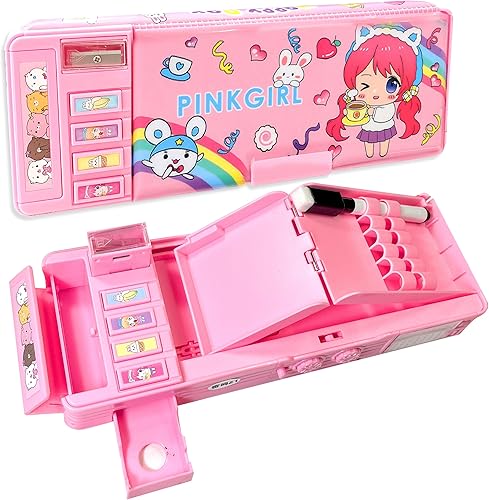 Estuche multifunción desplegable para niñas, bonito organizador de bolígrafos de dibujos animados con bloqueo de contraseña, sacapuntas, horario, disponible en Yaxa Costa Rica