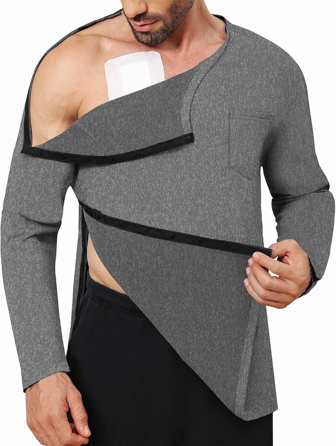 Fleece Lined Men's Post Shoulder Surgery Recovery Shirt Full Snap Tear Away Long Sleeve Chemo Port Access Adaptive Clohting