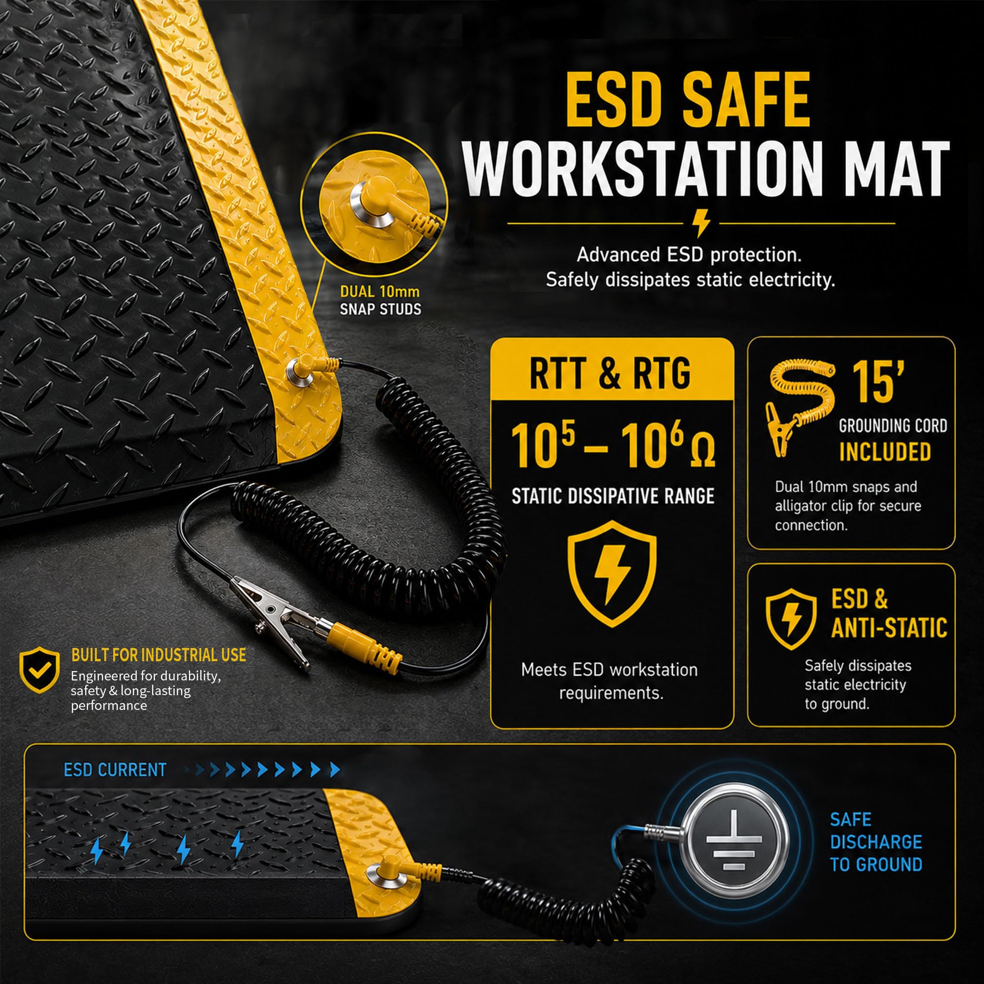 2 x 3 ESD Anti-Fatigue Conductive Mat Durable Heavy Duty Diamond Plate Non Slip Waterproof Floor Mats for Commercial&Industrial Work Thick 34 with Yellow Border product thumbnail 3