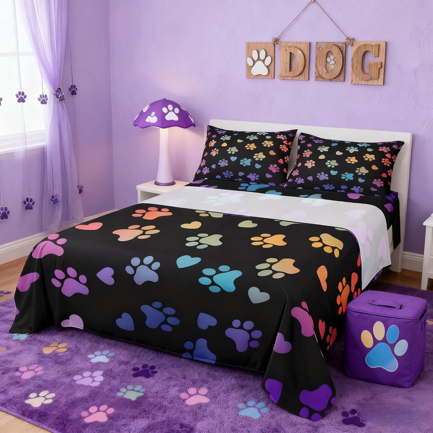 Dog Paw Print Kids Sheet Queen Size,Animal Pet Neon Bedding Set,Girls Boys Adults Bedroom Decor,Puppy Kawaii Cartoon Colorful Rainbow Bed Sheet Set 4pcs (Fitted Sheet + Flat Sheet + 2 Pillowcases)