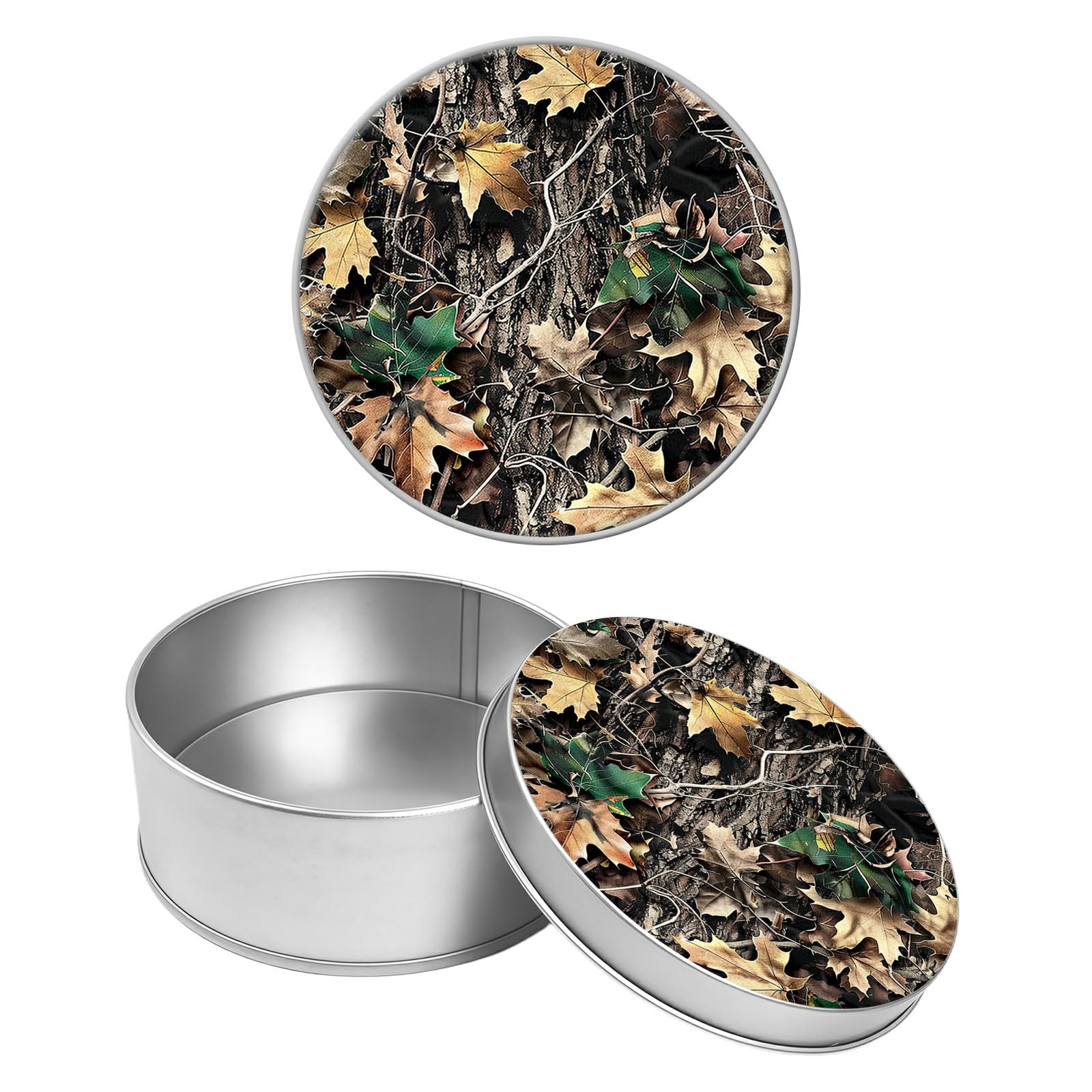 Round Metal Tin Container with Removable Lid, Camo Tree Durable Metal Storage Box for Crafts Snacks Candies Office Supplies Small Items 3.54 x 1.38 inch– Single Pack
