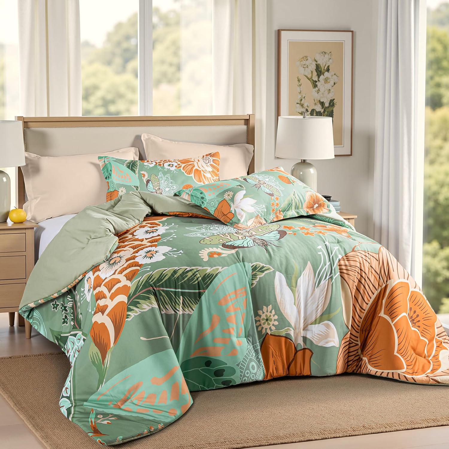 Sage Green Boho Floral Queen Comforter Set - 3 Piece Farmhouse Botanical Bedding Comforter Sets for All Season Soft Lightweight Mid Century Bed Set, (1 Reversible Comforter and 2 Pillow Shams - Image 3