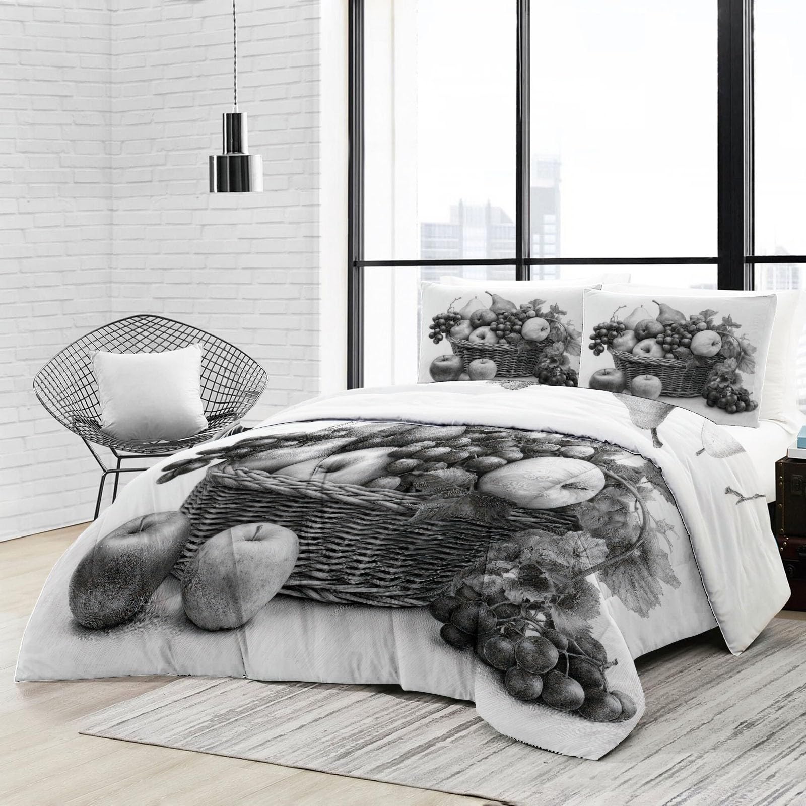 Kołdra 200 x 200 cm, kosz na owoce, liście winogron, całoroczna, minimalistyczna, dwustronna, zestaw kołder z 2 poszewkami na poduszki, nadaje się do prania, do sypialni, sypialni