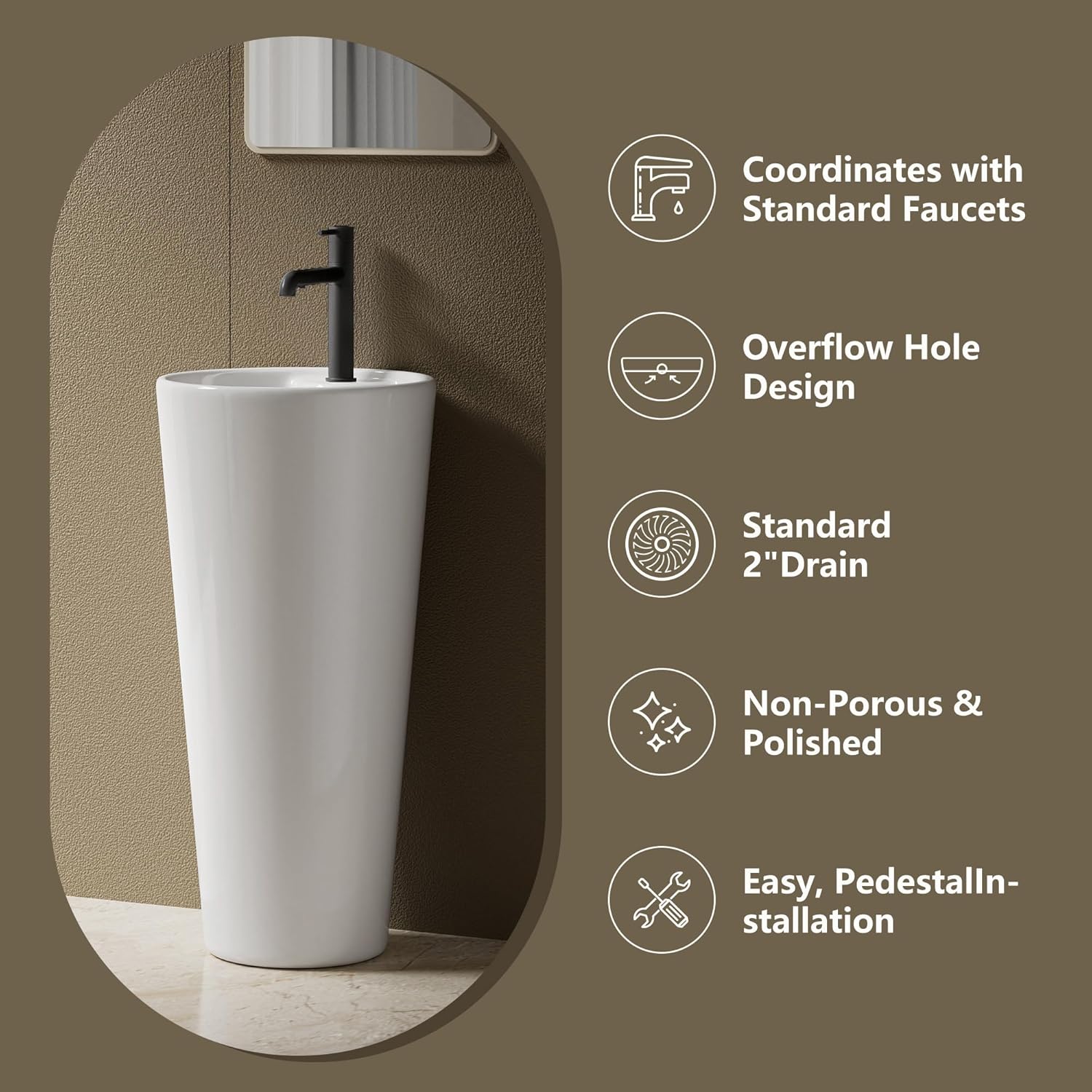 Simple Project Pedestal Sink 19" L X 19" W Round Pedestal Sinks For Bathrooms, Modern Single Faucet Hole Bathroom Pedestal Sinks With Overflow