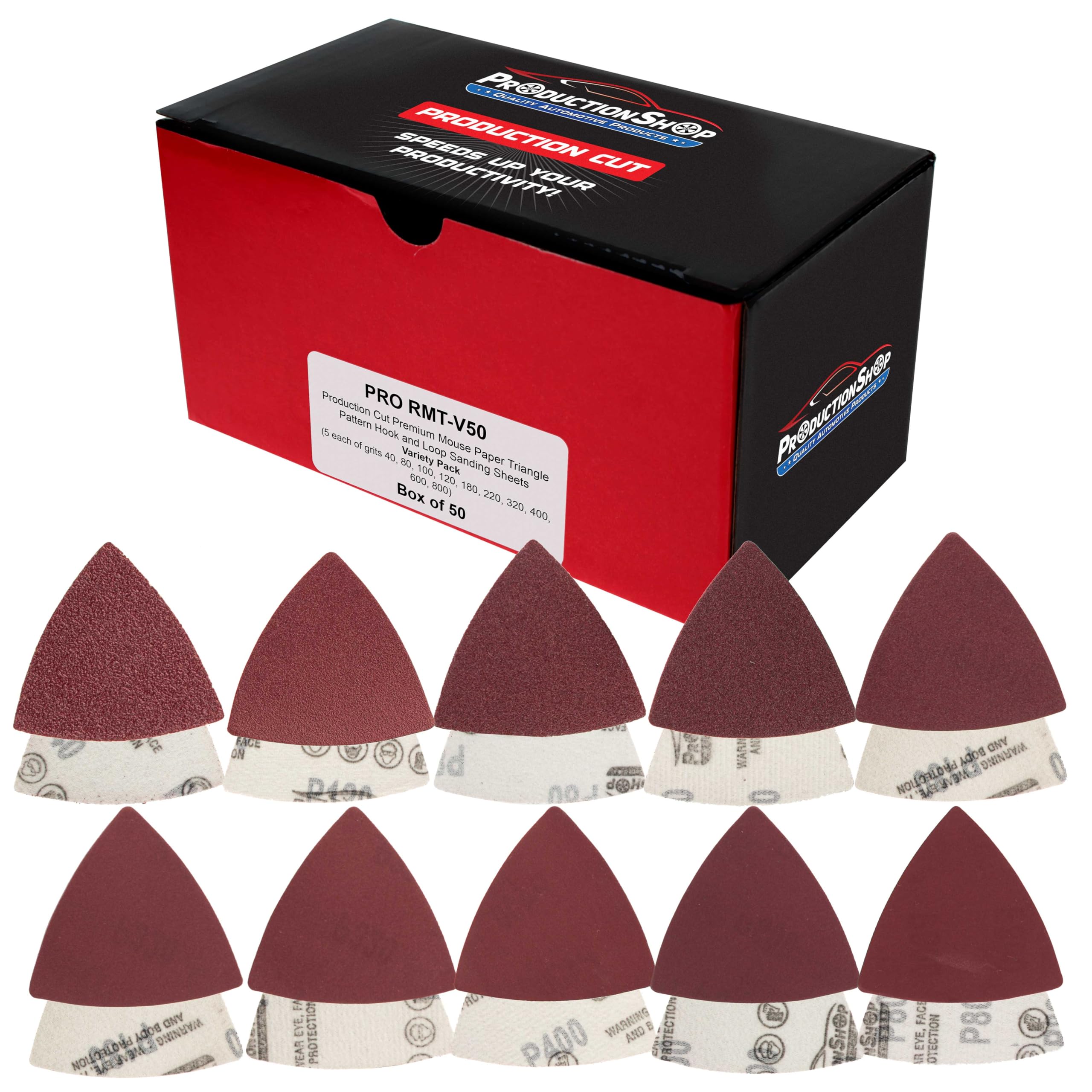 ProductionShop Premium Triangle Mouse Detail Sander Sandpaper Sheets, 50 Disc Variety Pack, Grits 40, 80, 100, 120, 180, 220, 320, 400, 600, 800 -