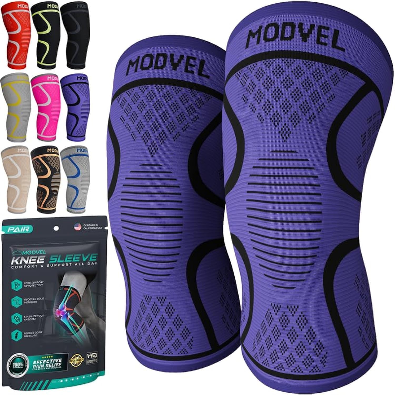 Modvel Compression Knee Brace for Women & Men - 2 Pack Knee Brace for Women Running Knee Pain, Knee Support Sleeve, Workout Sports Braces for Meniscus Tear ACL & Arthritis Pain Relief Grey/Turquoise Medium