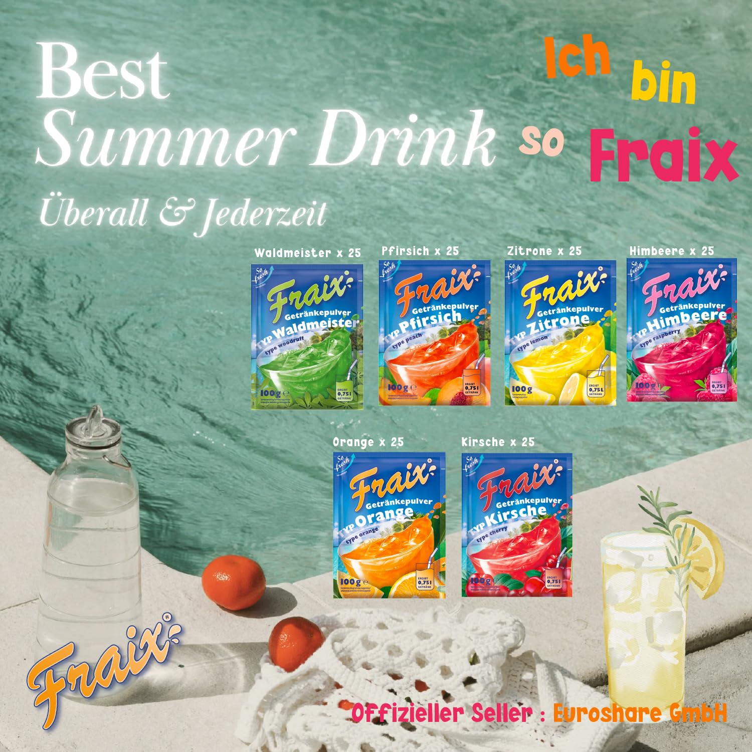 FRAIX Getränkepulver 6 Sorte Mixed Vorteilspack - je 25 Packungen (150er Pack x 100g) 6 Geschmacksrichtungen - Perfekt für Familie, Picknick, Party, Camping, unterwegs