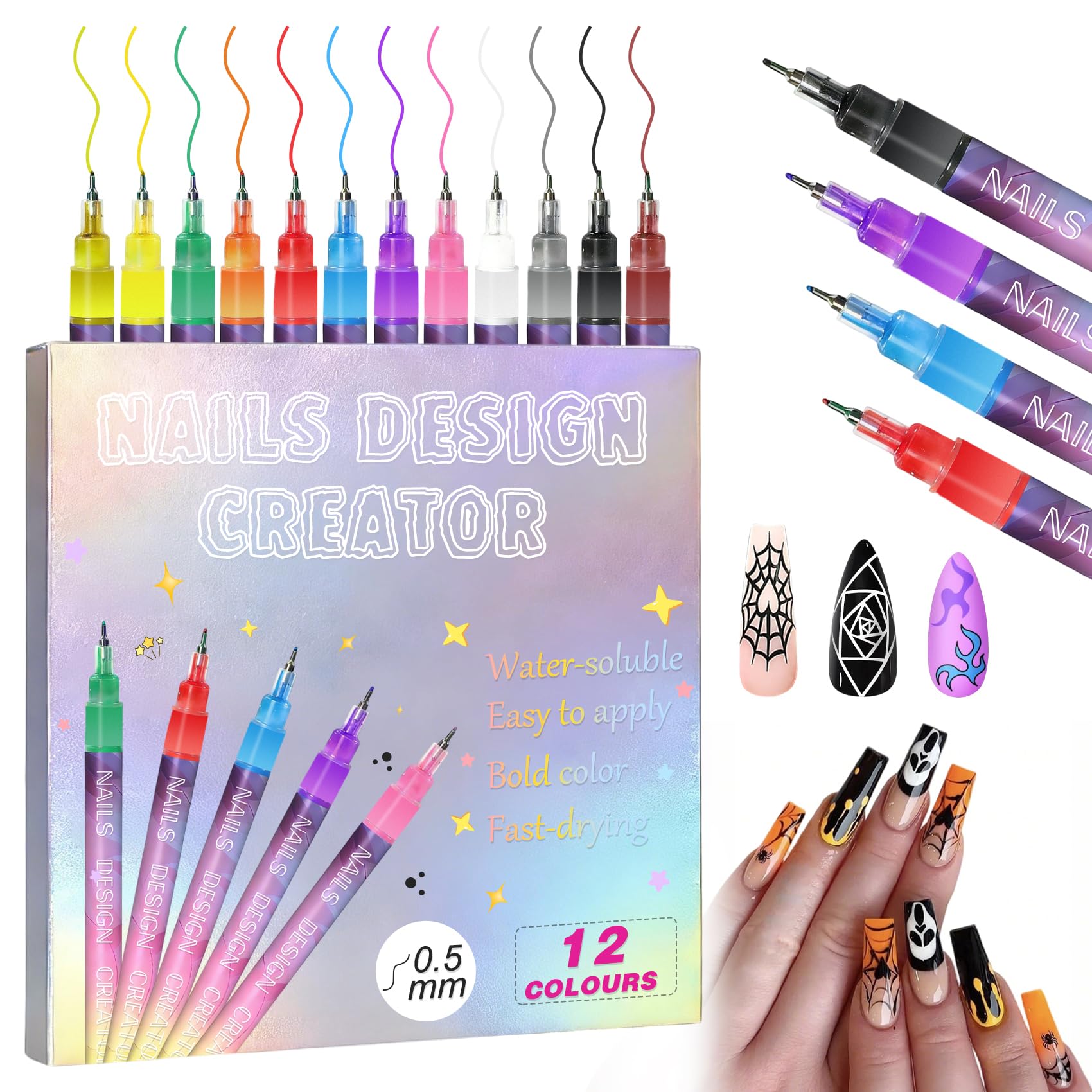 12 Colors Nail Art Pens Set, Nail Art Pens, 2025 New DIY Nail Polish Doodle Pens 3D Markers Fine Tip Drawing Painting Tools Suitable for Home Nail Salons Women