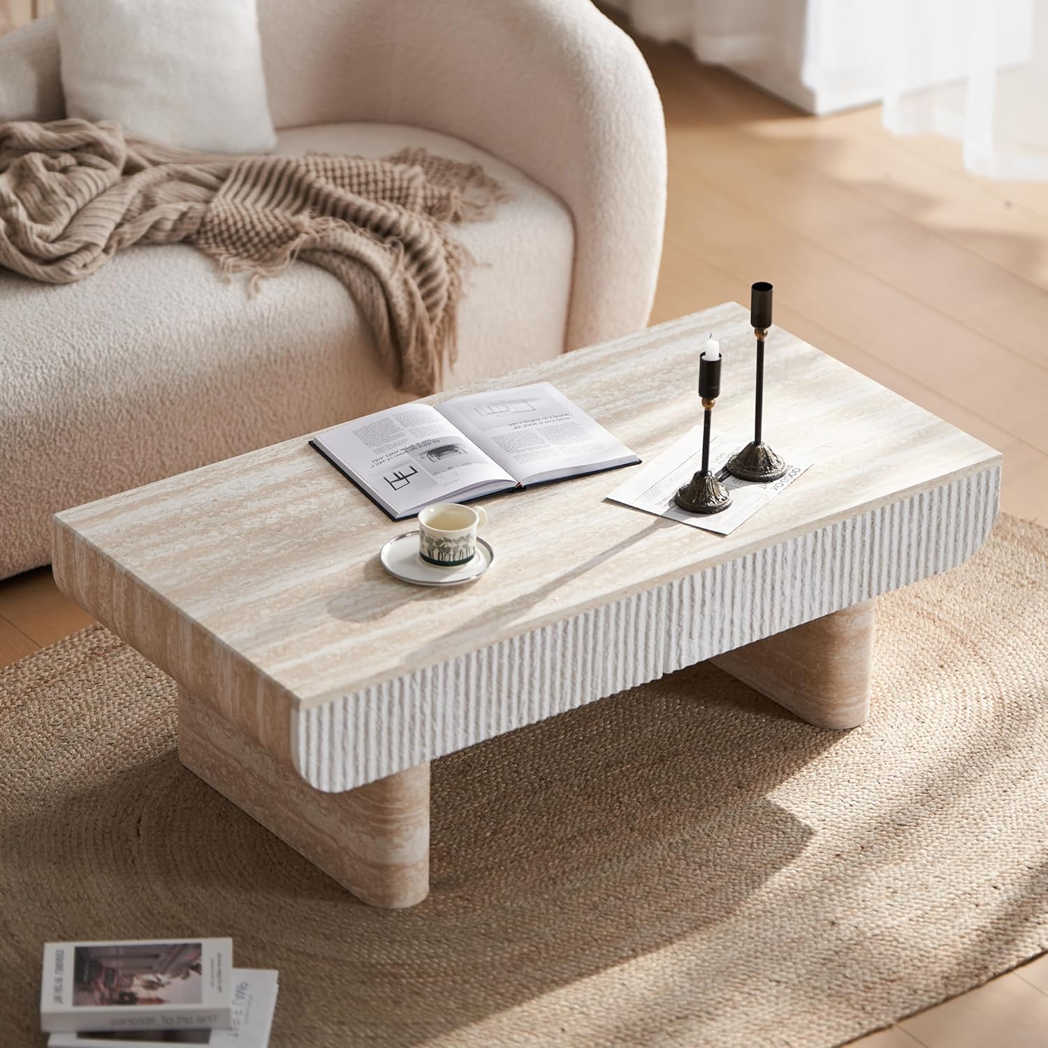 WILLIAMSPACE 46.85" Coffee Table with Faux Marble Tabletop & Fluted Drawer for Living Room, Modern Rectangular Wooden Centre Table Tea Table for Apartment, Mars Pattern