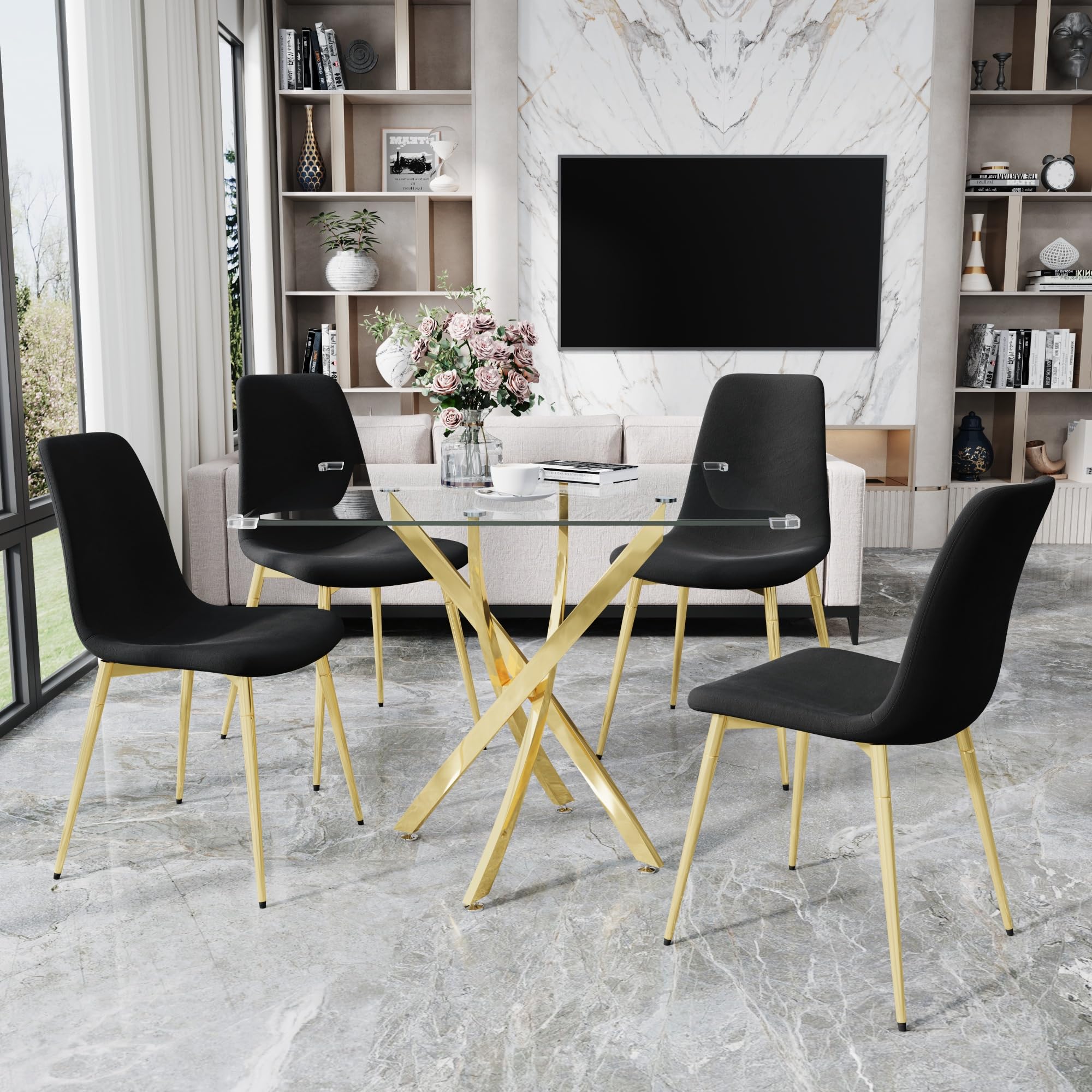 AF ARTISAN FURNITURE 36" Square Glass Dining Table Set for 4, 5-Piece Modern Kitchen Table with 4 Black Velvet Chairs, Modern Circle Leisure Table for Home Office Dining Room Small Spaces (Gold Leg)