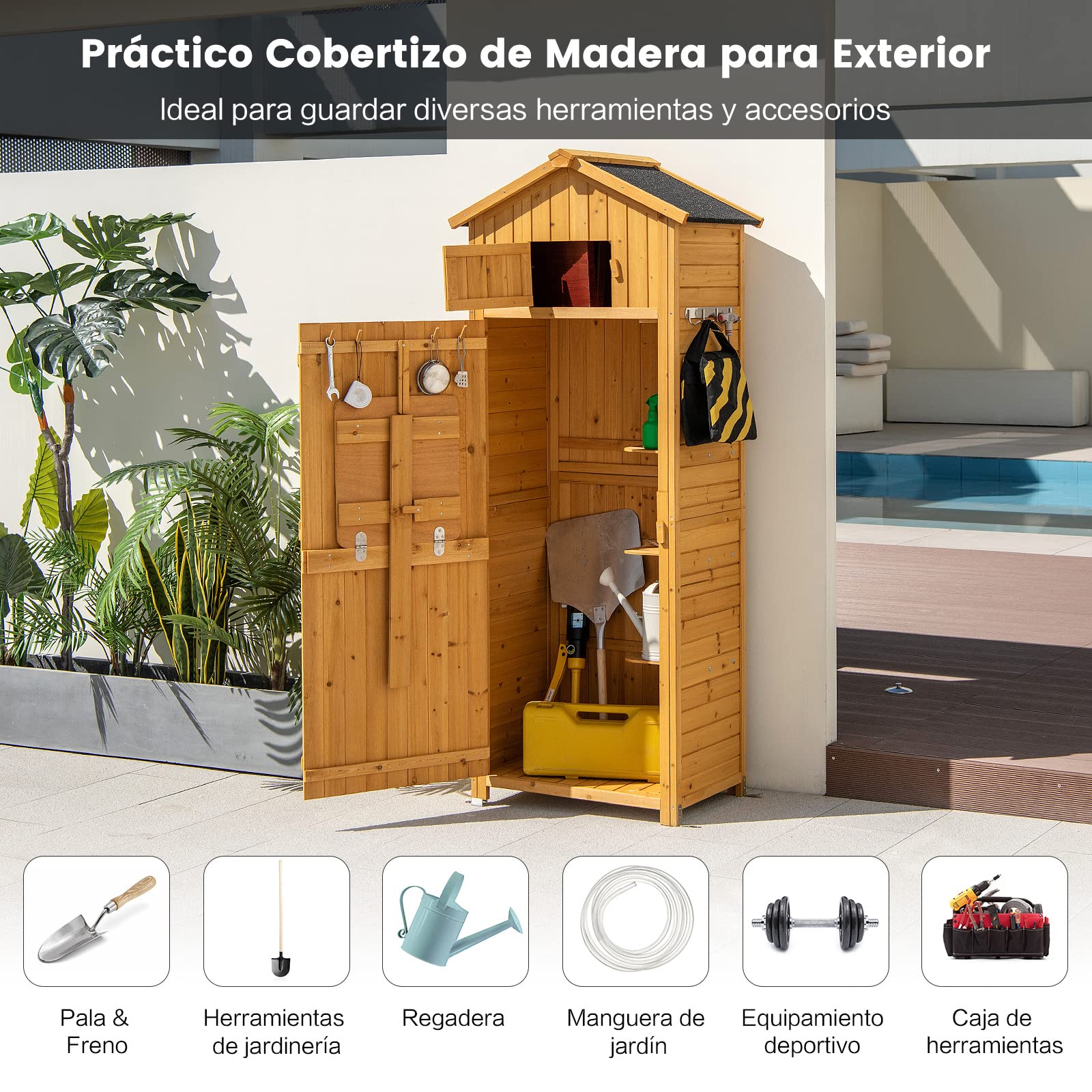 RELAX4LIFE Cobertizo de Madera con Techo a 2 Aguas de Asfalto, Armario de Jardín con 8 Ganchos, 3 Estantes Extraíbles y Mesa Plegable para Herramientas de Jardinería (Natural)