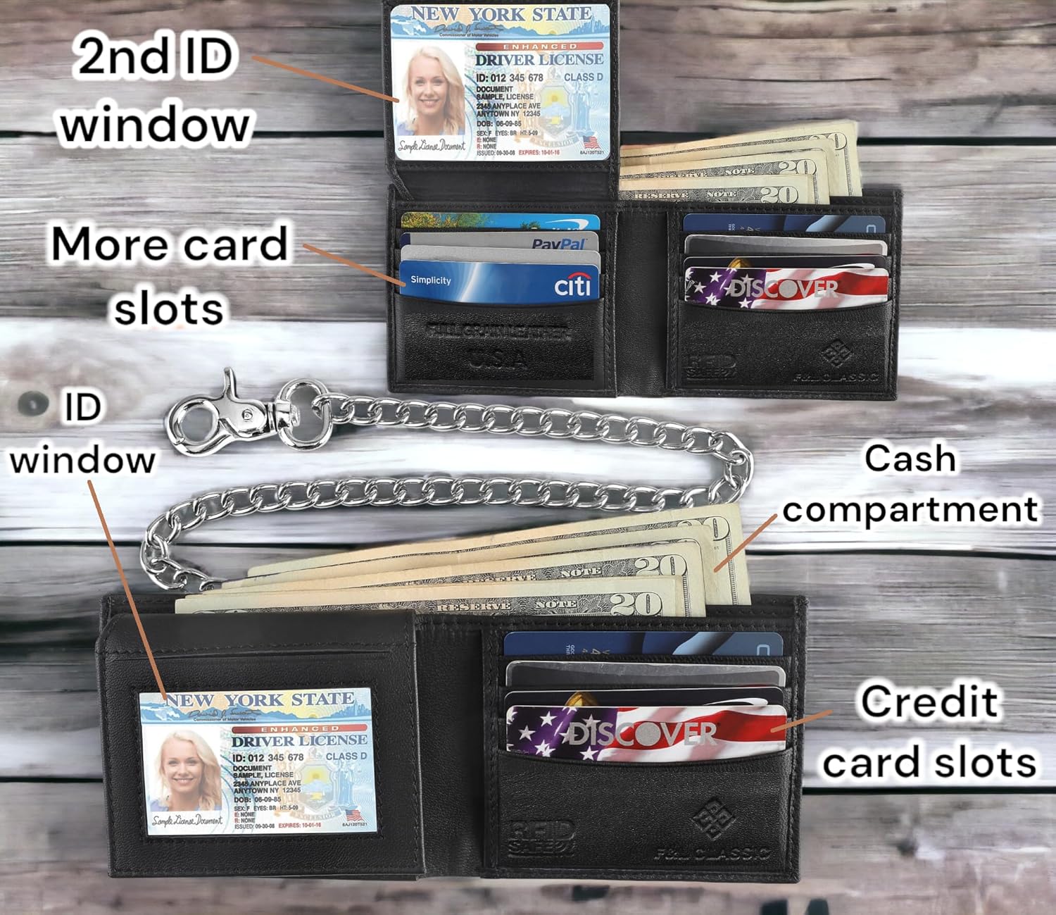 F&L CLASSIC RFID Blocking Mens bi-fold Style Cowhide Leather Steel Chain Wallet, texas black - Image 3