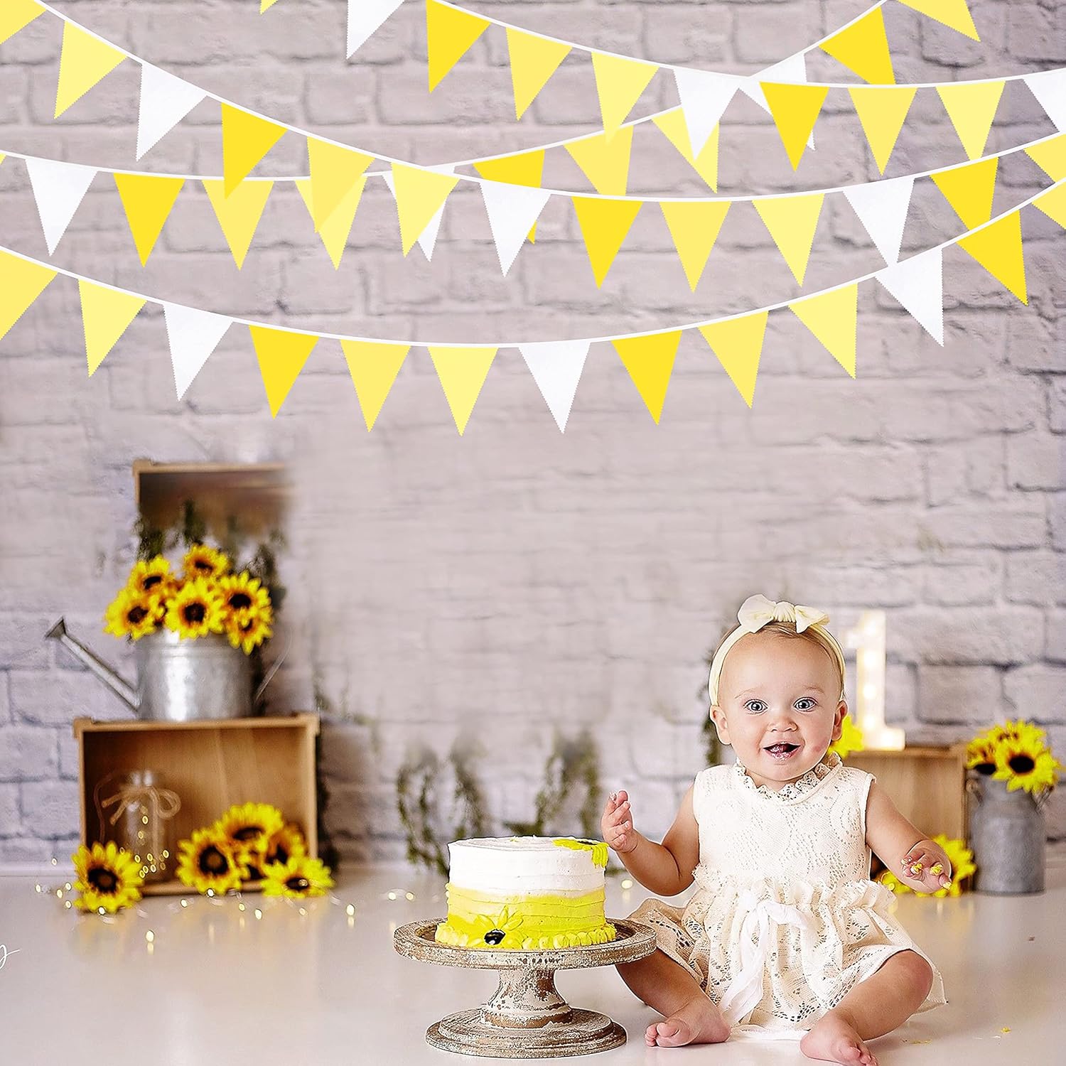 32Ft Yellow Party Decorations Yellow White Pennant Banner Fabric Triangle Flag Bunting Garland for Lemon Bee Sunflower Birthday Baby Shower Anniversary Wedding Party Home Outdoor Garden Decorations - Image 5