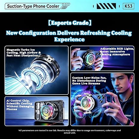 Magnetic Phone Cooler for Gaming, RGB Semiconductor Cooling Fan for iPhone and Android Phones, Portable Mobile Phone Radiator with 3 Cooling Modes, Quiet Cooling Fan for Gaming (Black)