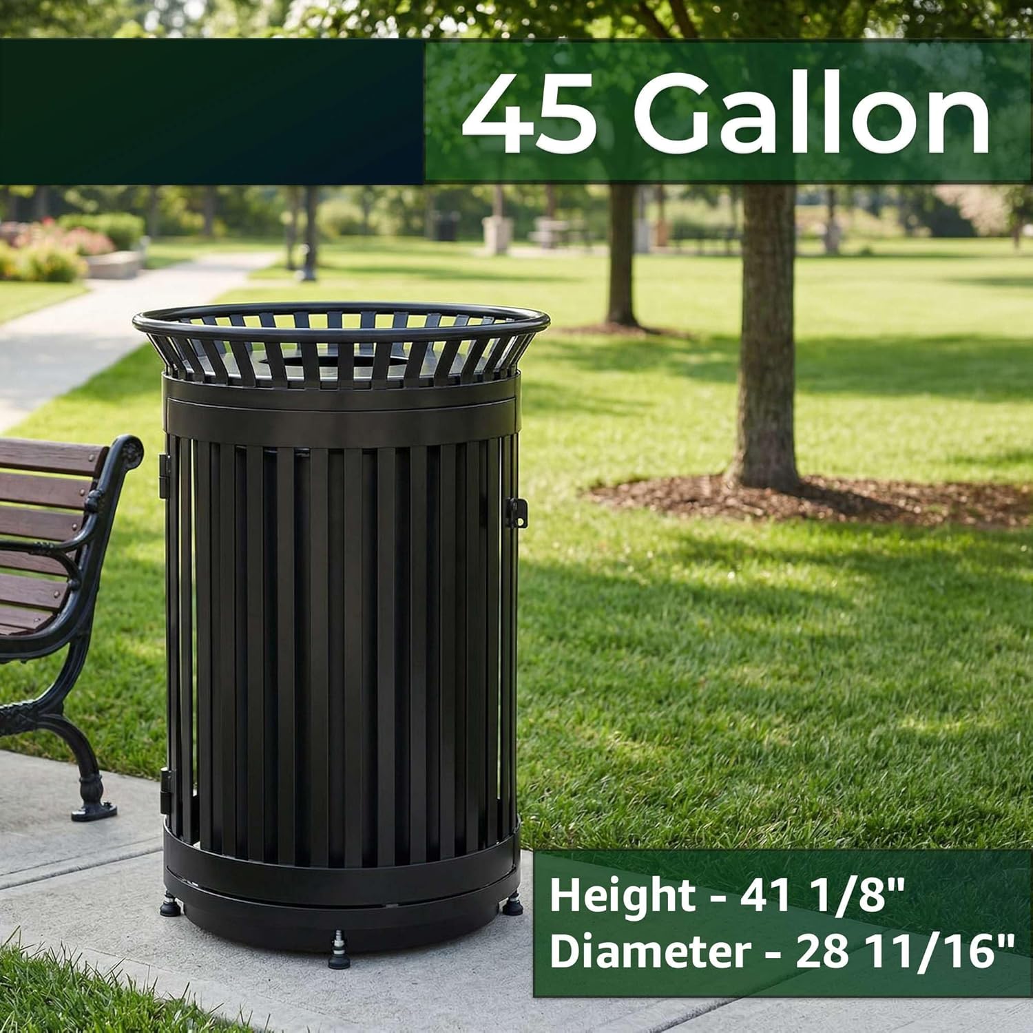 45 Gallon Commercial Heavy-Duty Trash Can - Black Outdoor Steel Slatted Waste Receptacle with Flat Lid, Front Access Door, and Rigid Plastic Liner, Round Bin for Parks, Schools, and Municipalities