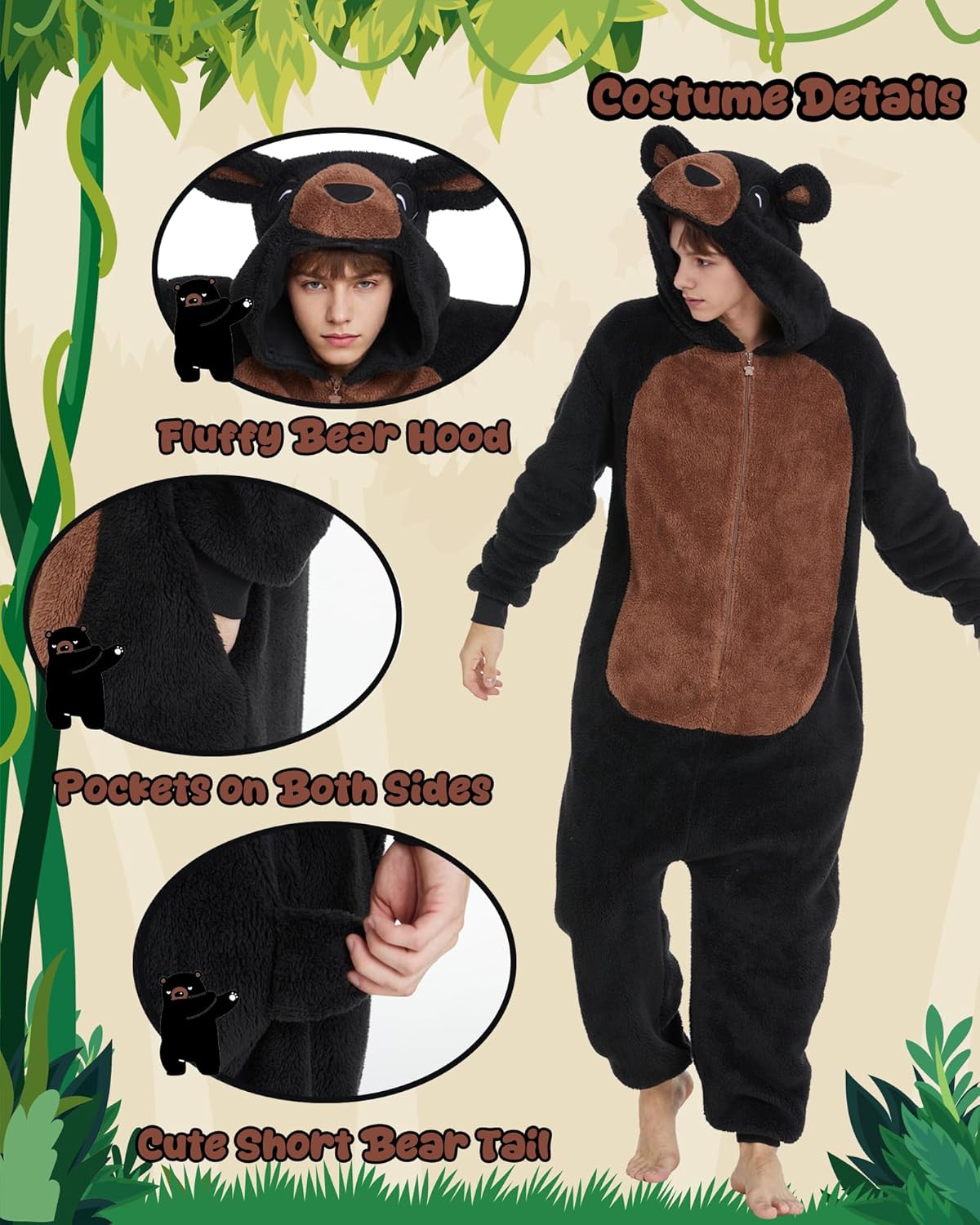 Fluffy Bear Costume Adult Unisex Bear Onesie Pajamas Hooded Zipper Halloween Animal Cosplay Costume for Women Men - Image 4