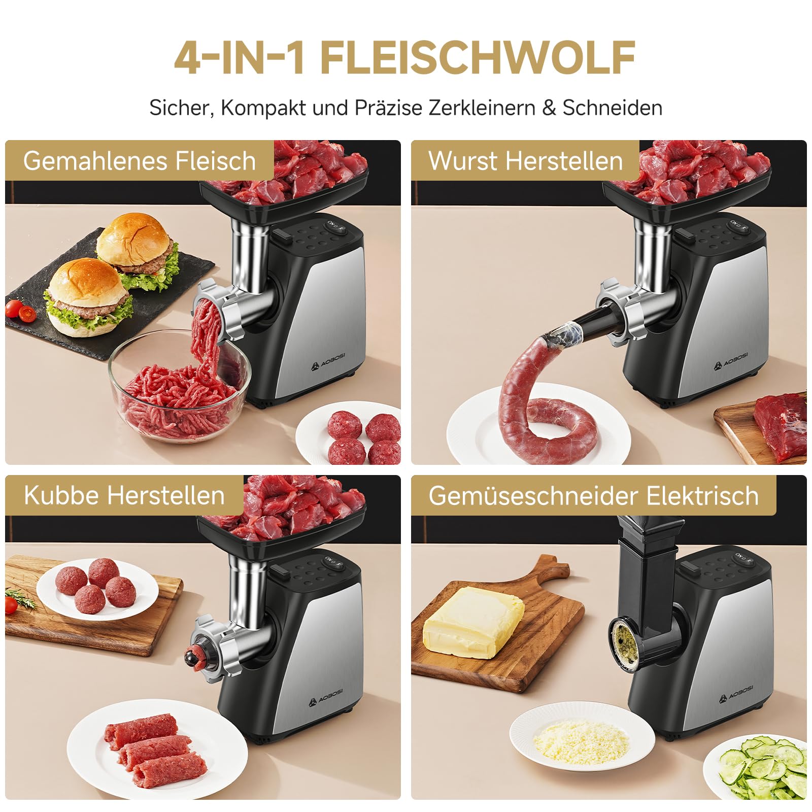 AAOBOSI Fleischwolf, 4-in-1 Elektrischer Fleischwolf [2800 W max] mit 3 Scheiben, Schneidklingen, 2 Klingen, 3 Platten, Wurstfüller, Kubbe-Kit, für den Hausgebrauch, Edelstahl
