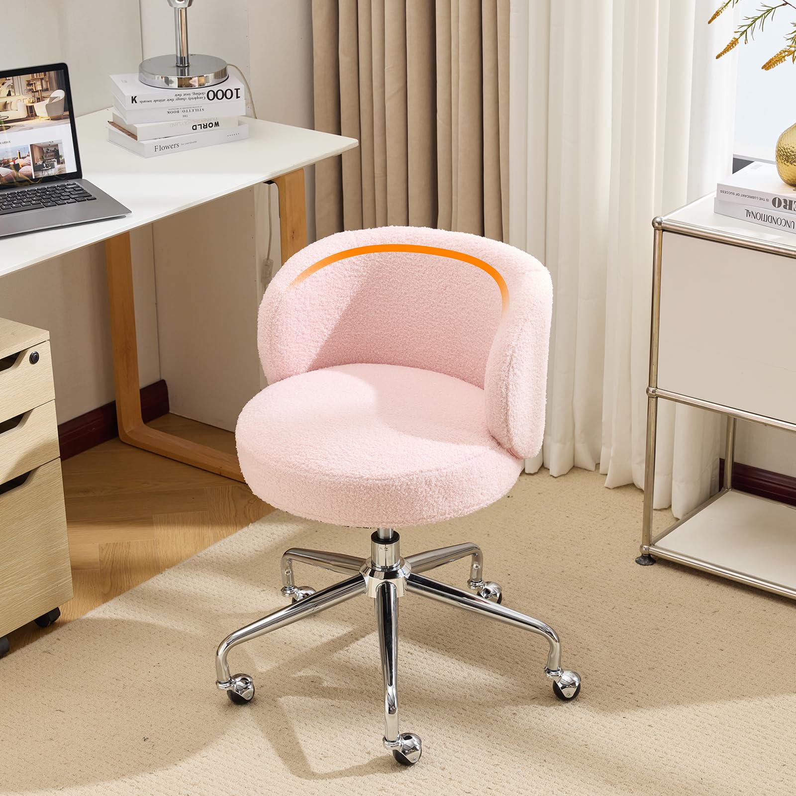 Bonnlo Cute Swivel Vanity Chair, Small Comfy Office Desk Chair with Wheels, Ergonomic Modern Dressing Table Chair with Adjustable Height for Home Office, Bedroom, Dressing Room, Teddy Fleece, Pink — image 1