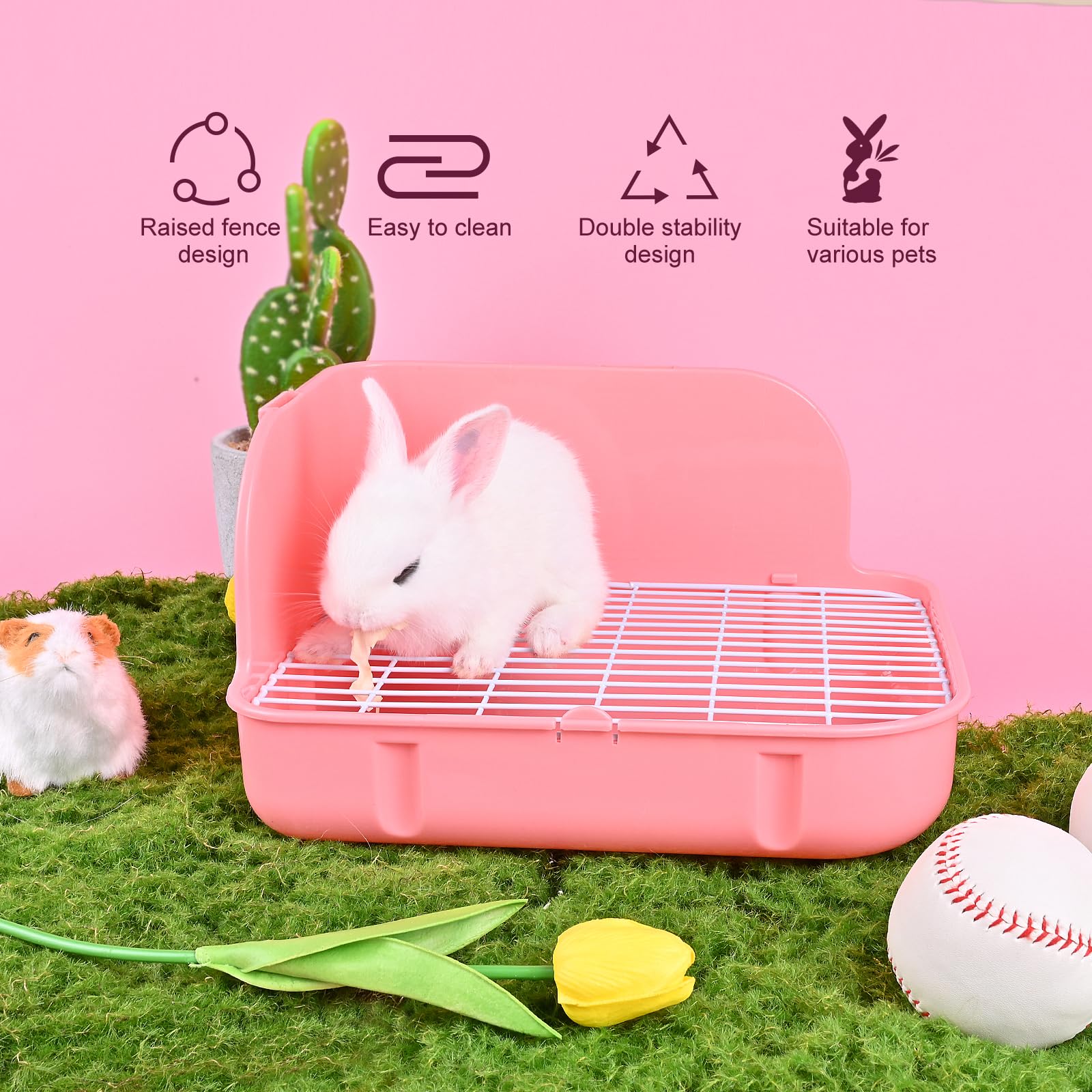 WYOK Caja de arena para conejo, caja de plástico cuadrada para orinal, caja de arena de esquina para animales pequeños, conejos, cobayas, chinchilla, hurones, galesaur, 11.4 pulgadas (rosa)