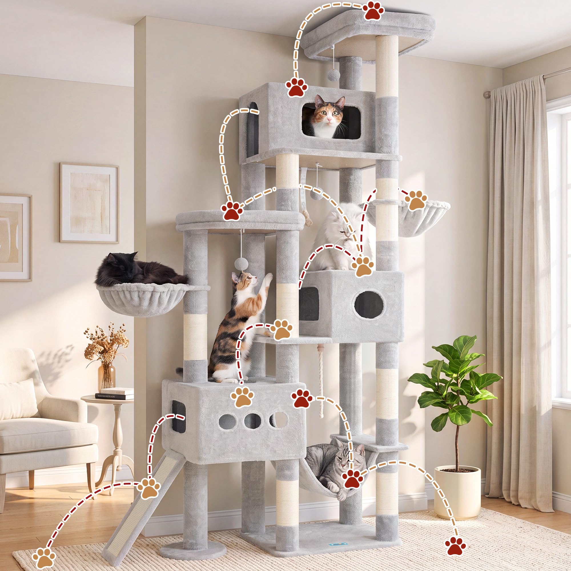 Gitelsnour Árbol para Gatos XXL 225 cm – Árbol Estable para Gatos Grandes, 3 Nidos, 2 Cestas Colgantes, Hamaca, Tabla Rascadora, 2 Plataformas de Observación, Base Estable, Gris Claro GCT808W