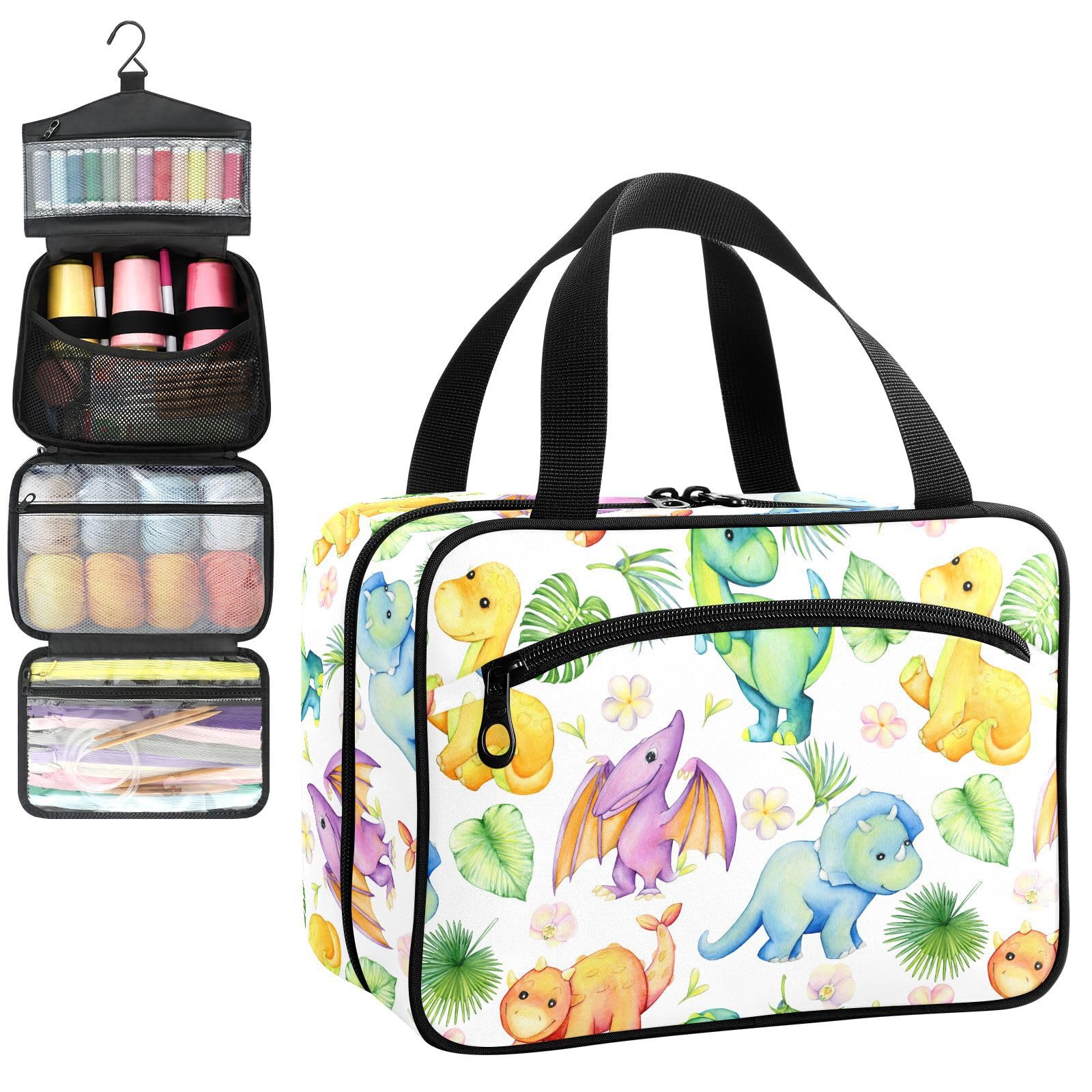 YNNALE Sewing Supply Organizer Bag, Cute Dinosaur Pterosaur Flroal Green Yellow Portable Sewing Bags with Pockets&Hanger, Sewing Storage Box Case for Sew Supplies/Kit/Tools/Accessories (BAG ONLY)